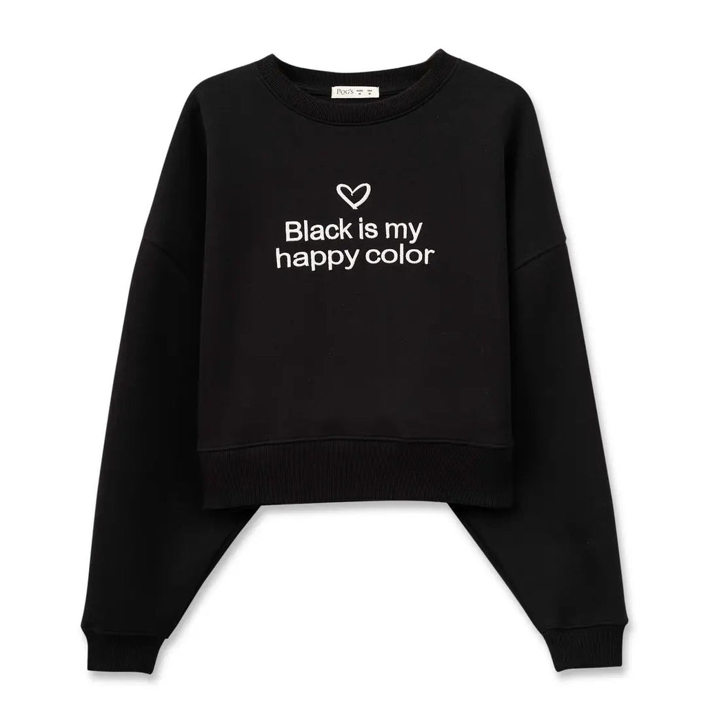 Kadın Siyah Black Nakış Detaylı Crop Oversize Sweatshirt - 4