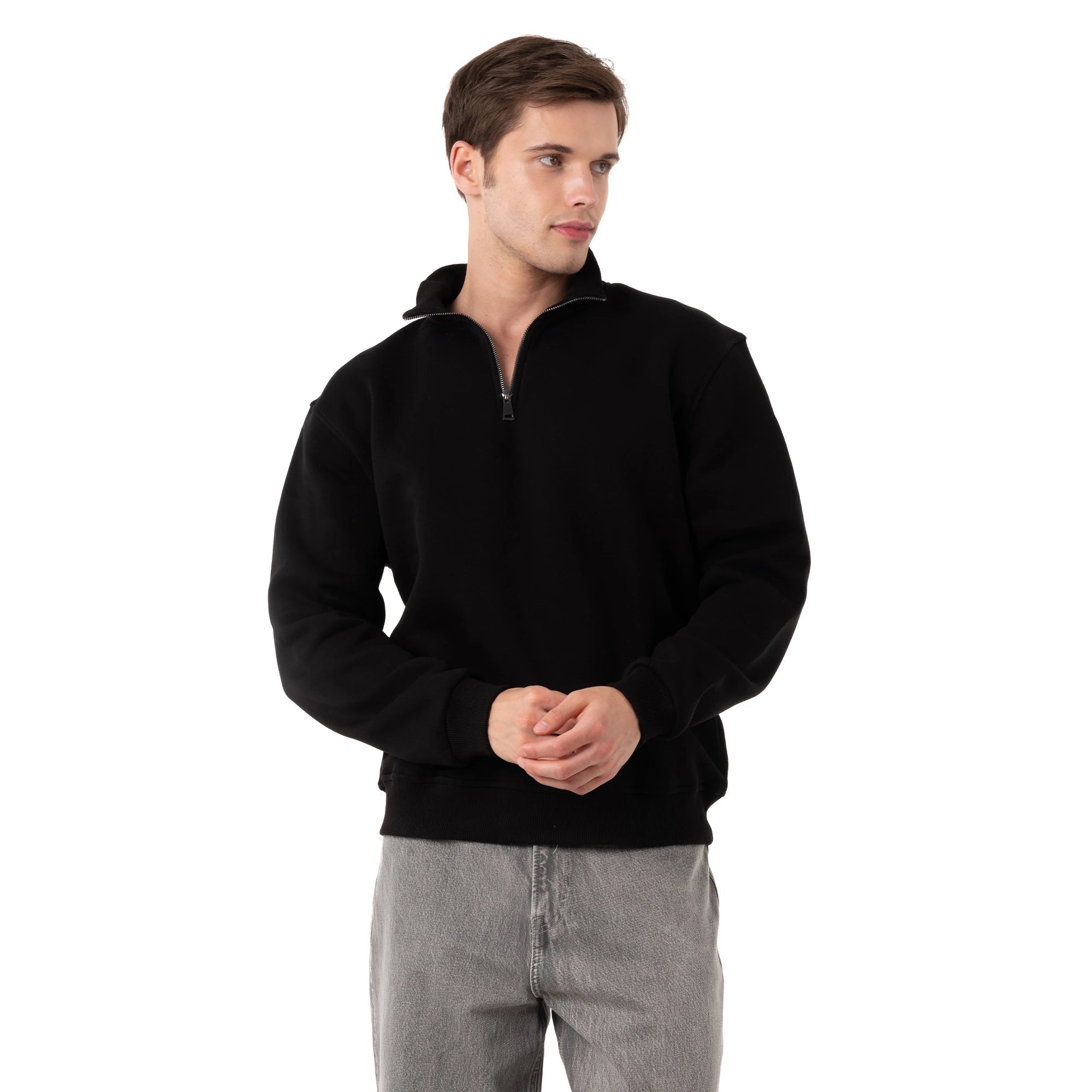 Erkek Siyah Yarım Fermuarlı Yakalı Rahat Kalıp Sweatshirt - 4