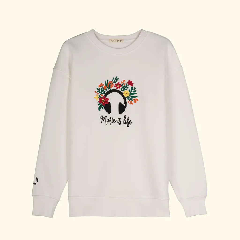 Kadın Beyaz Music Nakış Detaylı Oversize Sweatshirt - 4