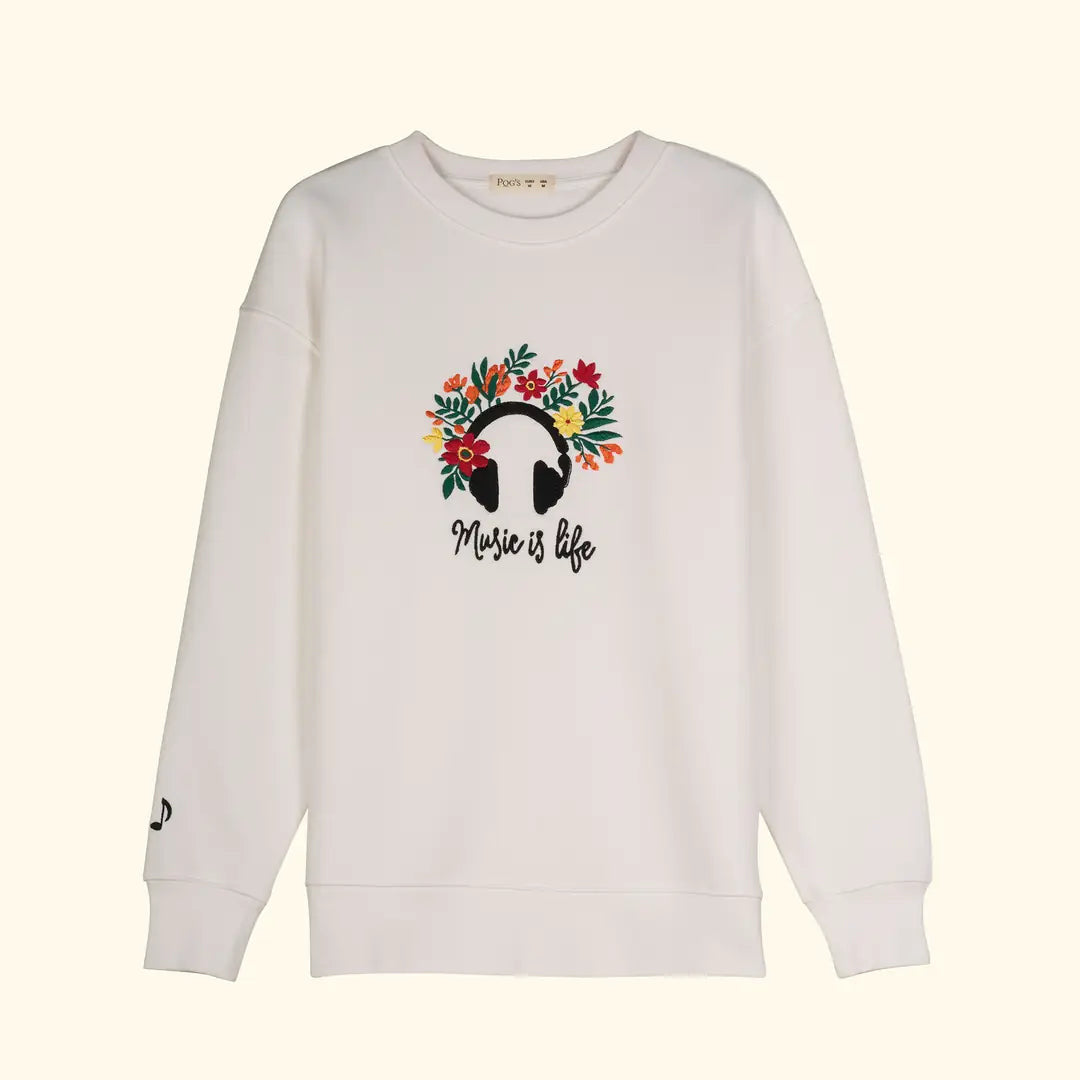 Kadın Beyaz Music Nakış Detaylı Oversize Sweatshirt - 4