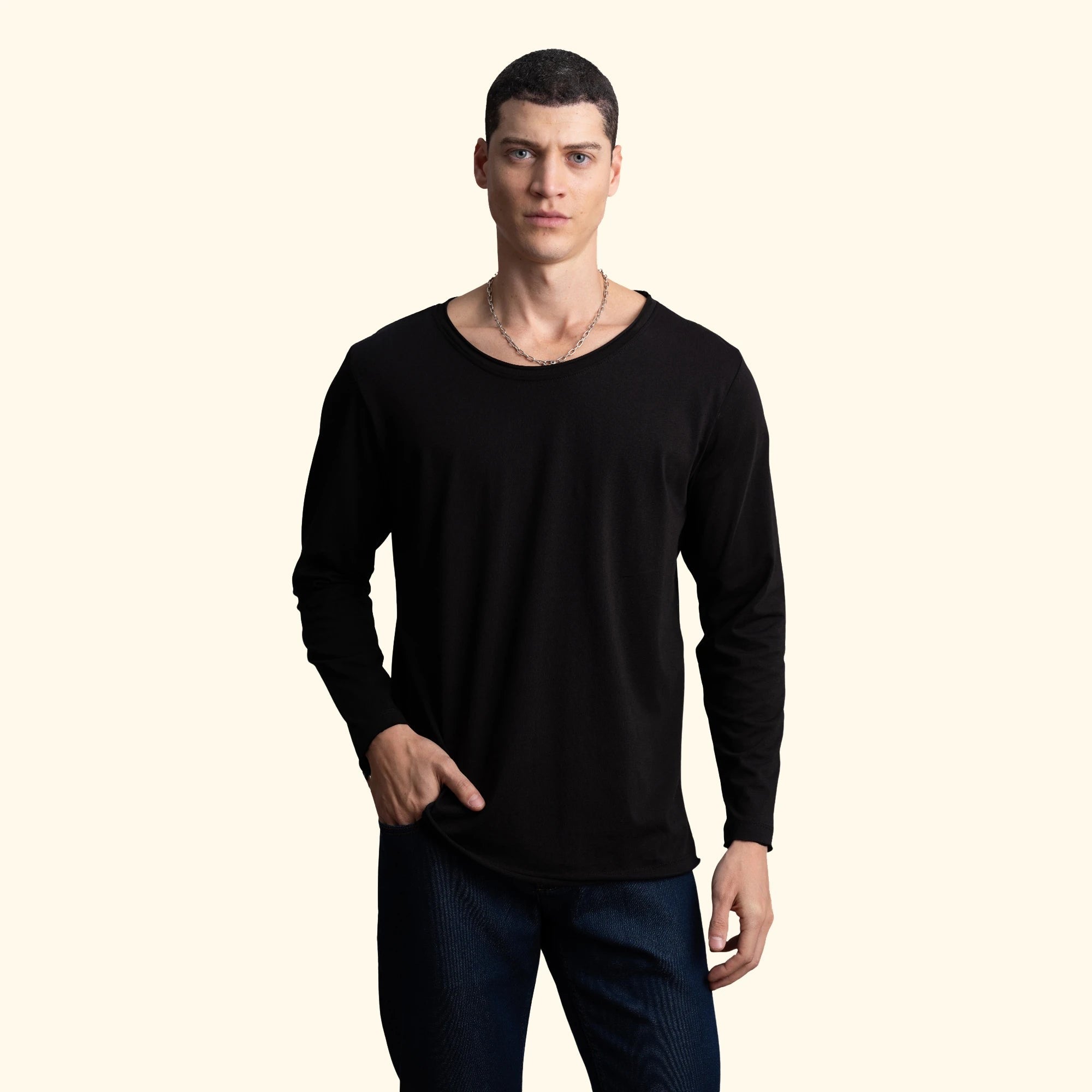 Erkek Siyah %100 Pamuk Kesik Yaka Basic Regular Fit Sweatshirt - 5