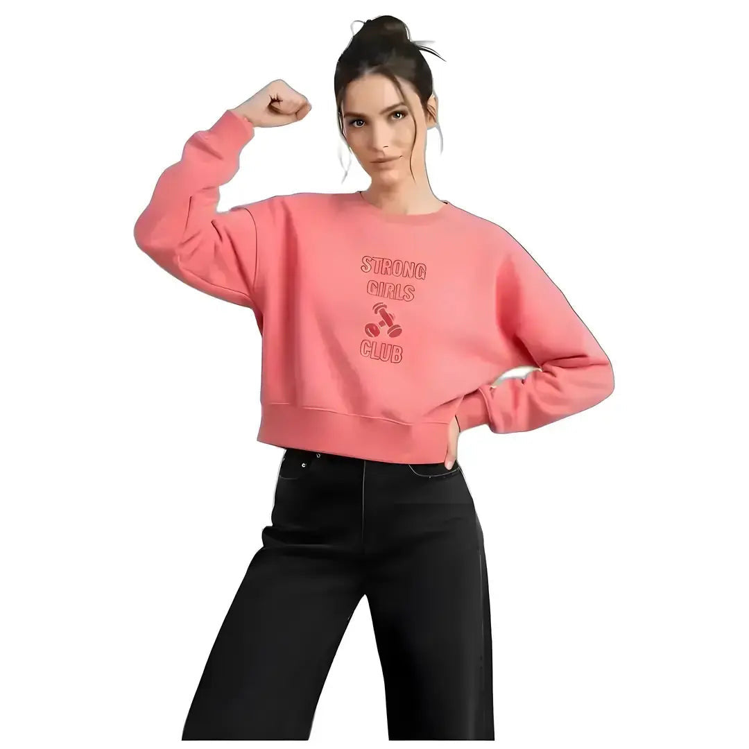 Kadın Pembe Strong Nakış Detaylı Crop Oversize Sweatshirt - 2