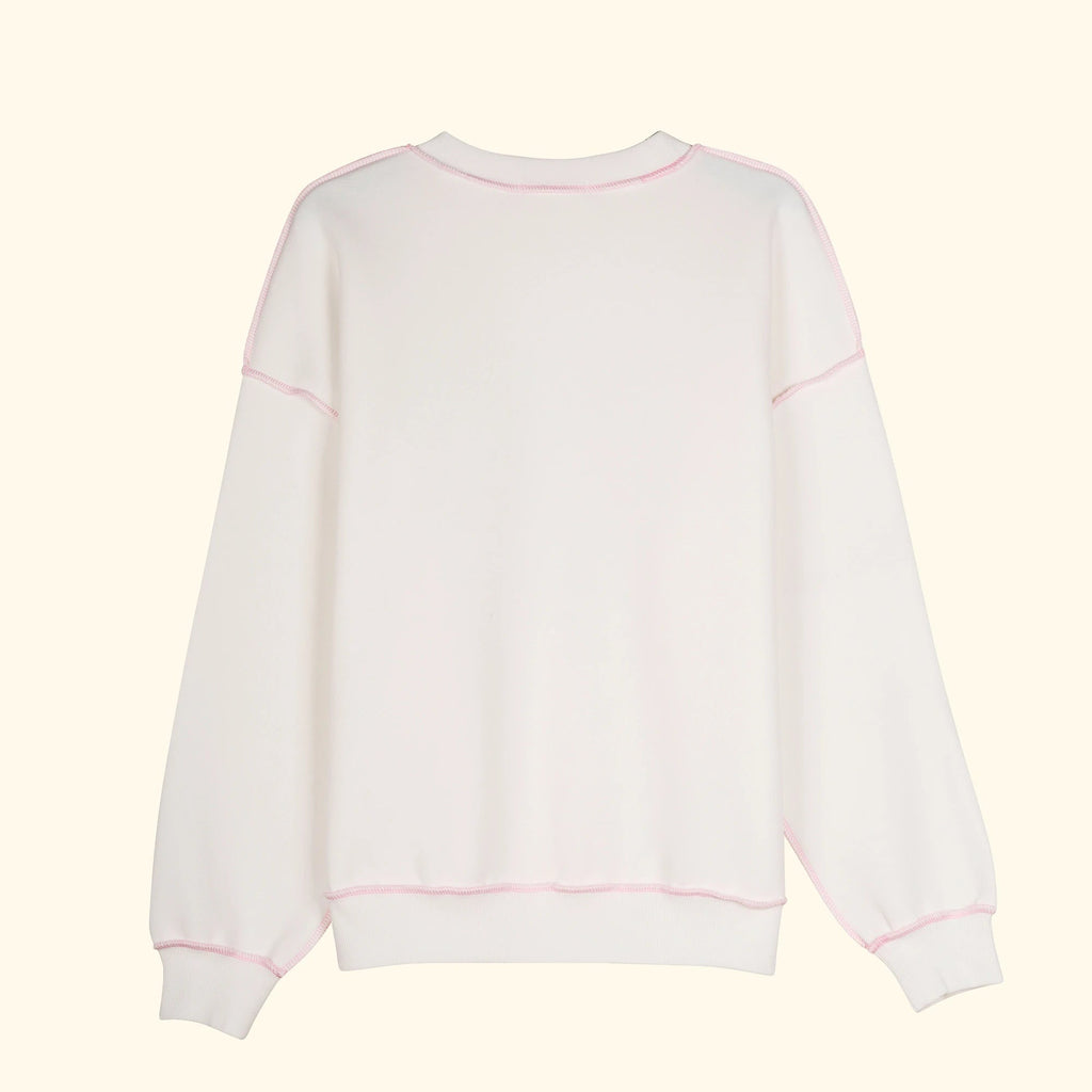 Kadın Beyaz-Pembe Kontrast Dikişli Oversize Salaş Sweatshirt - 5