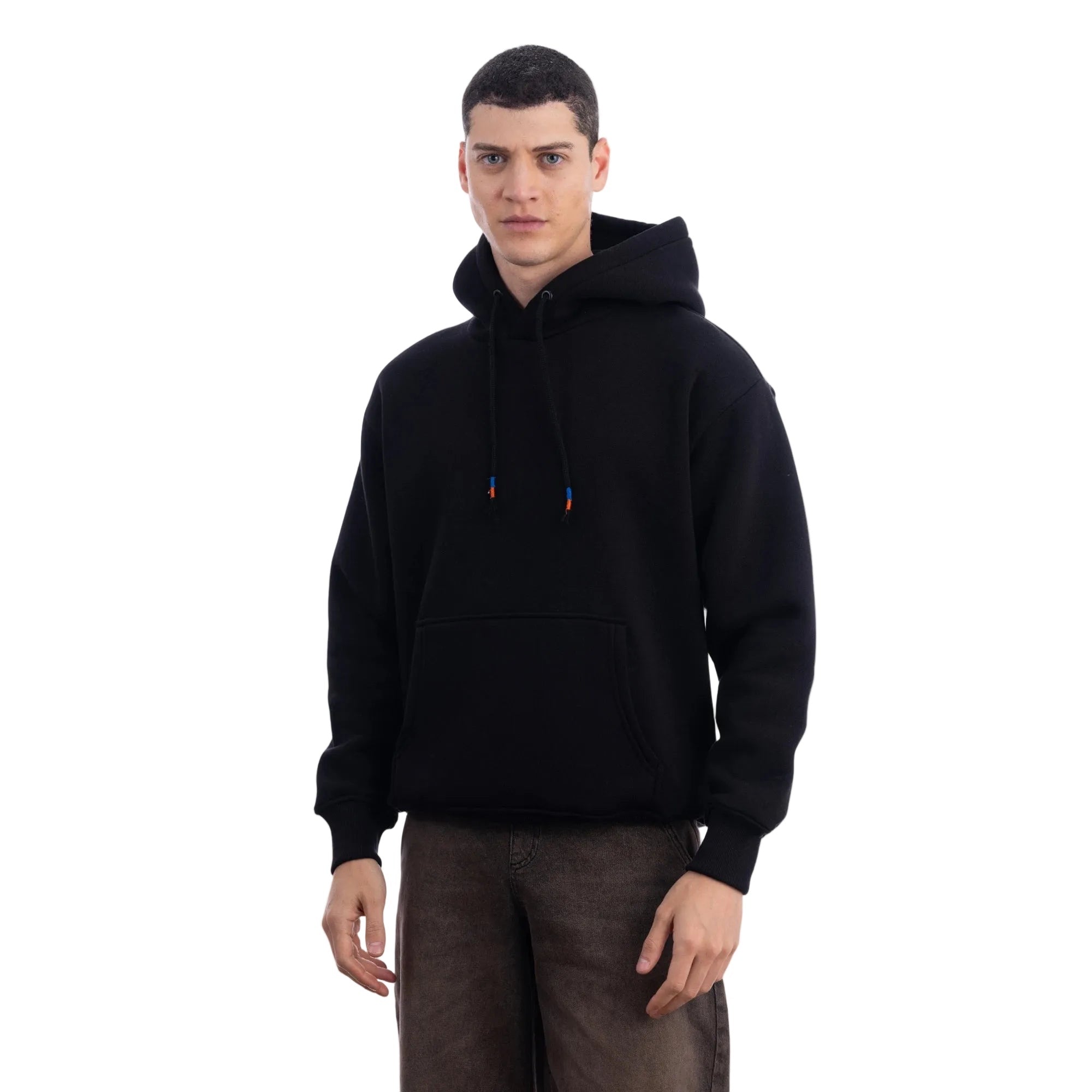 Erkek Siyah Kapüşonlu Kanguru Cepli Basic Sweatshirt Hoodie - 5