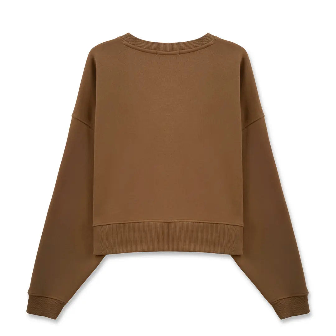 Kadın Kahve Overthinker Nakış Detaylı Crop Oversize Sweatshirt - 5