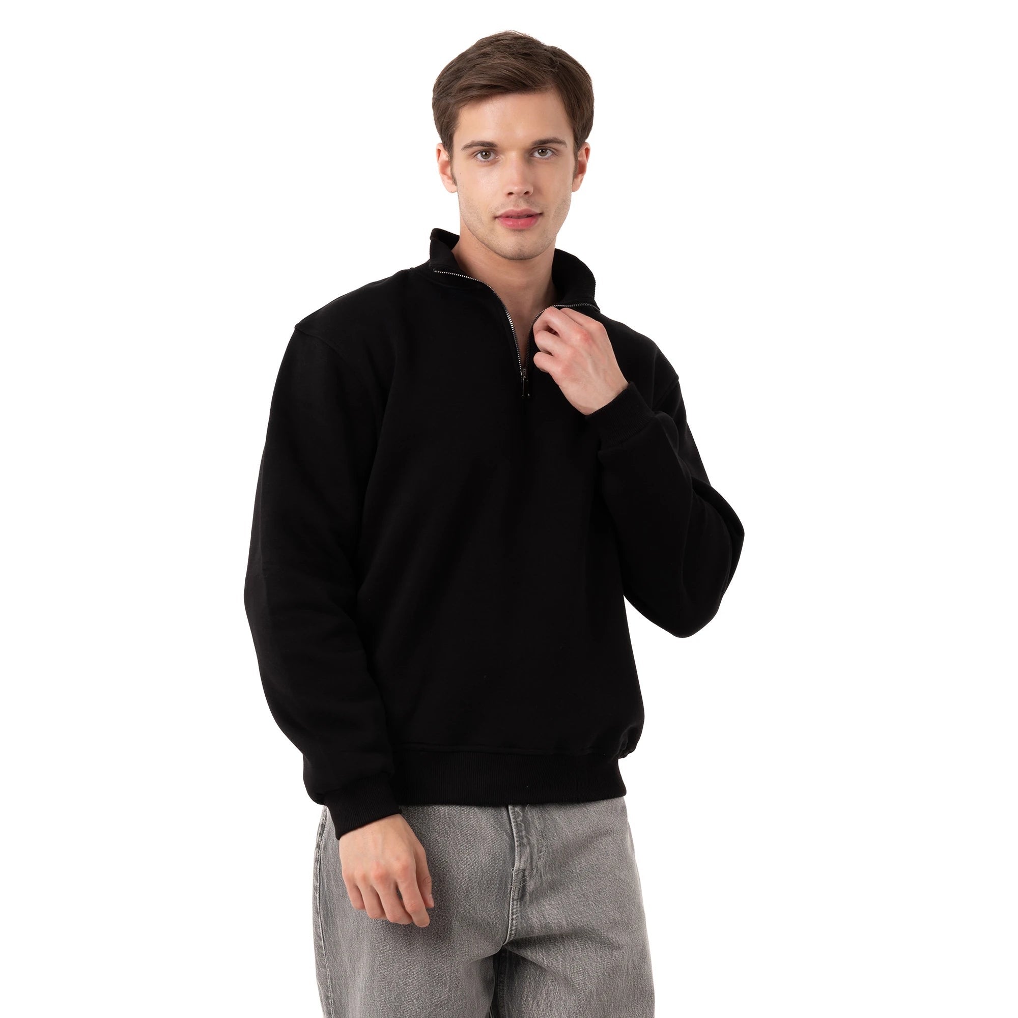 Erkek Siyah Yarım Fermuarlı Yakalı Rahat Kalıp Sweatshirt - 6