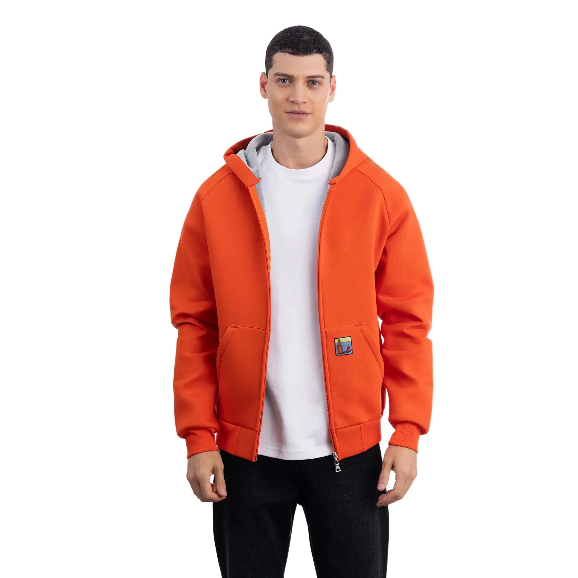 Erkek Oranj Su İtici Kapüşonlu Flok Sweatshirt Ceket - 6