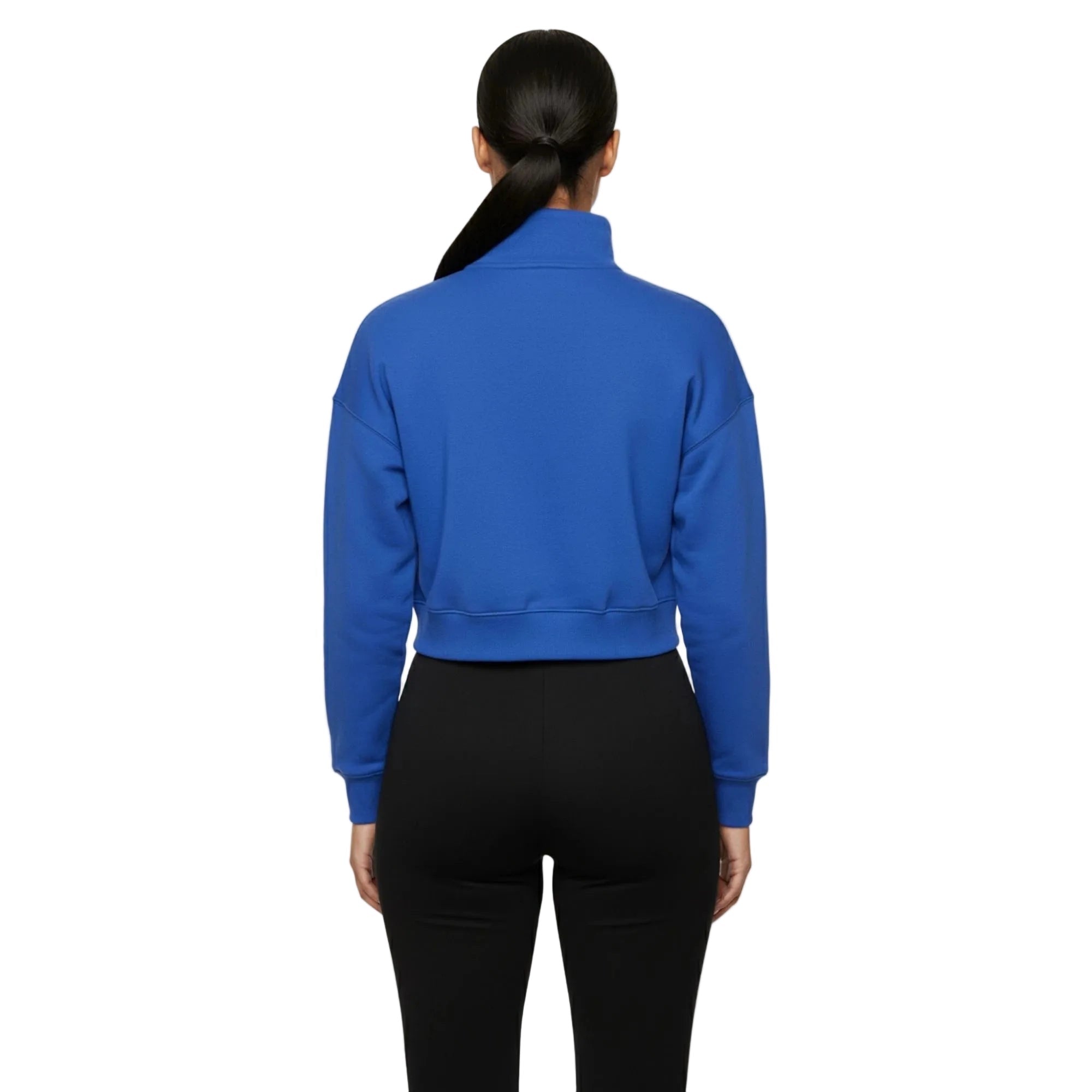 Kadın Saks Yarım Fermuarlı Dik Yaka Crop Sweatshirt - 2