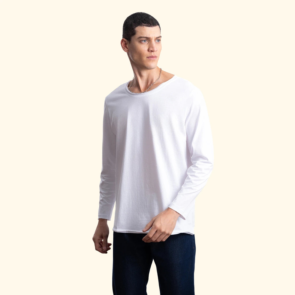 Erkek Beyaz %100 Pamuk Kesik Yaka Basic Regular Fit Sweatshirt - 2