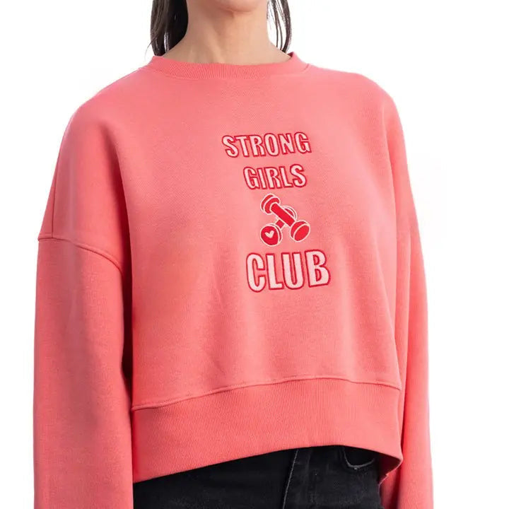 Kadın Pembe Strong Nakış Detaylı Crop Oversize Sweatshirt - 4