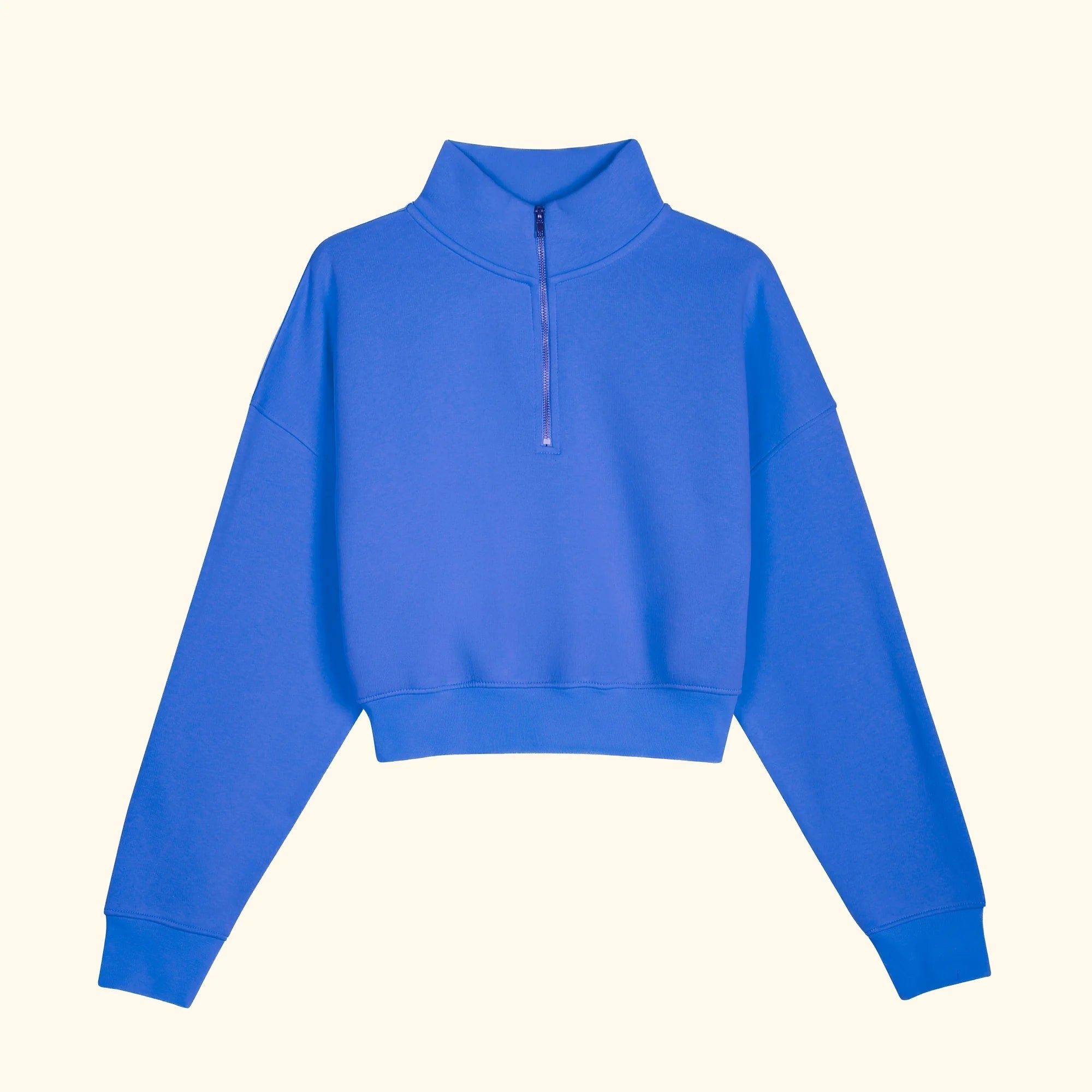 Kadın Saks Yarım Fermuarlı Dik Yaka Crop Sweatshirt - 3