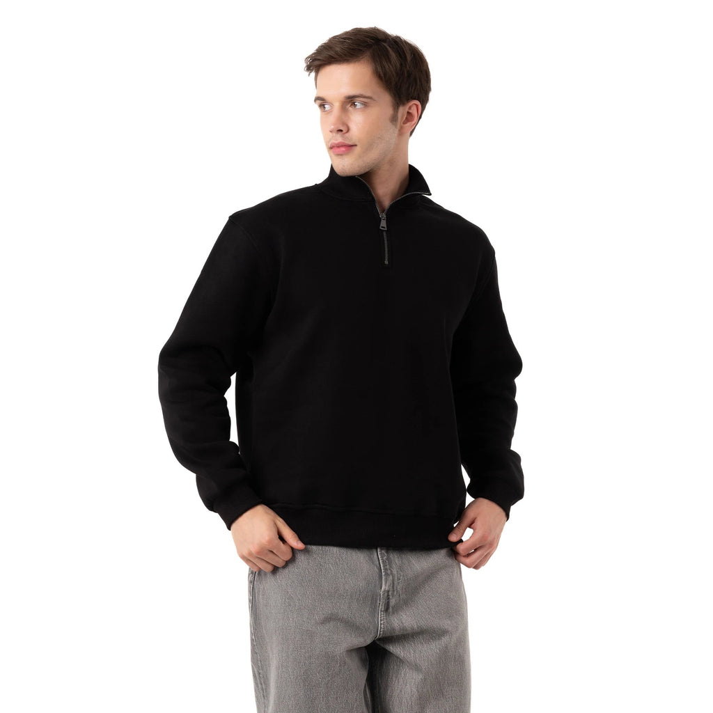 Erkek Siyah Yarım Fermuarlı Yakalı Rahat Kalıp Sweatshirt - 7