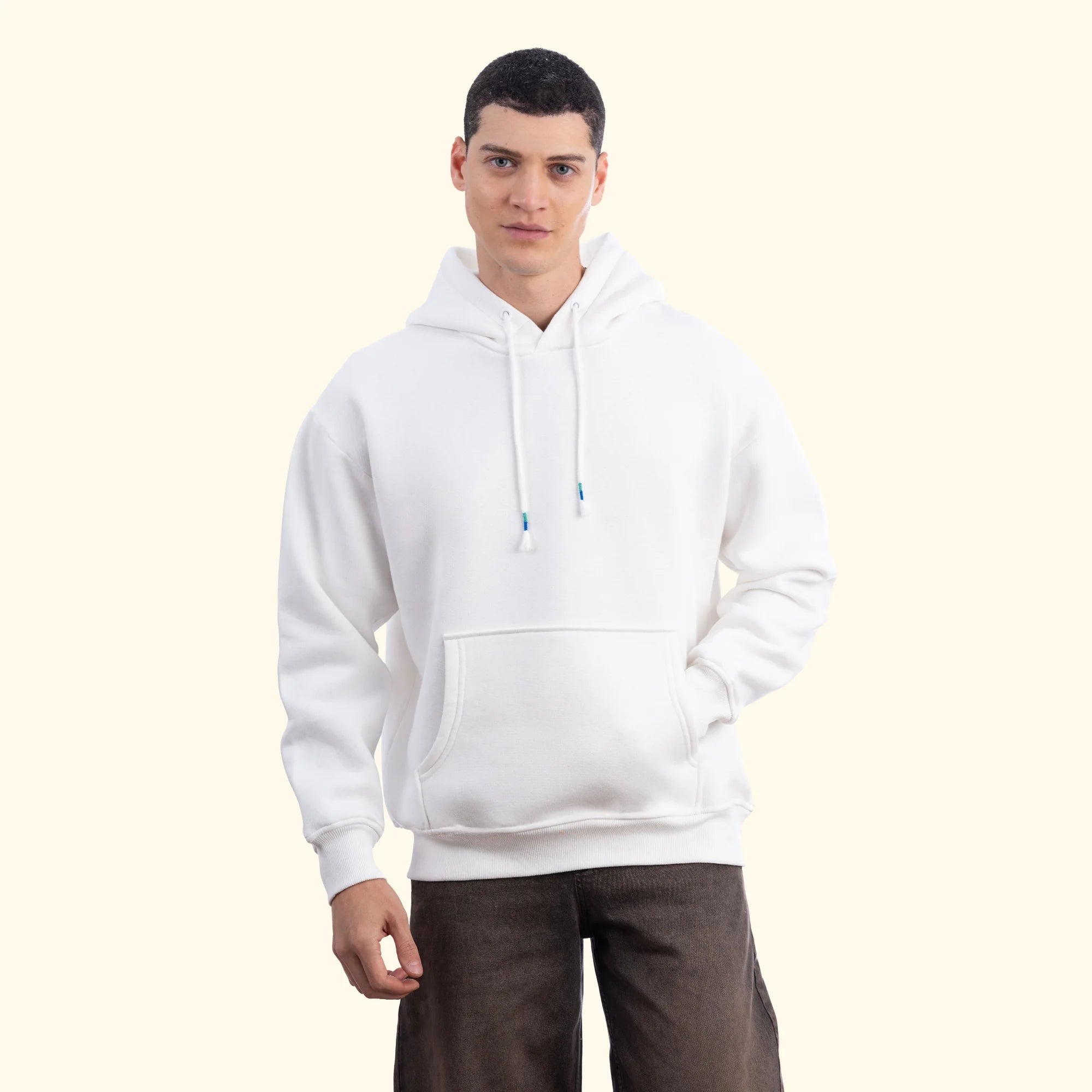 Erkek Ekru Kapüşonlu Kanguru Cepli Basic Sweatshirt Hoodie
