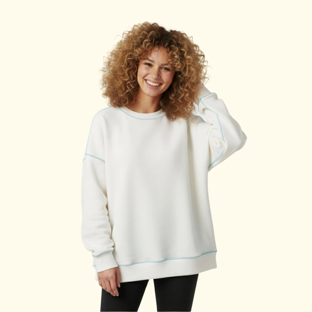 Kadın Beyaz-Mavi Kontrast Dikişli Oversize Salaş Sweatshirt
