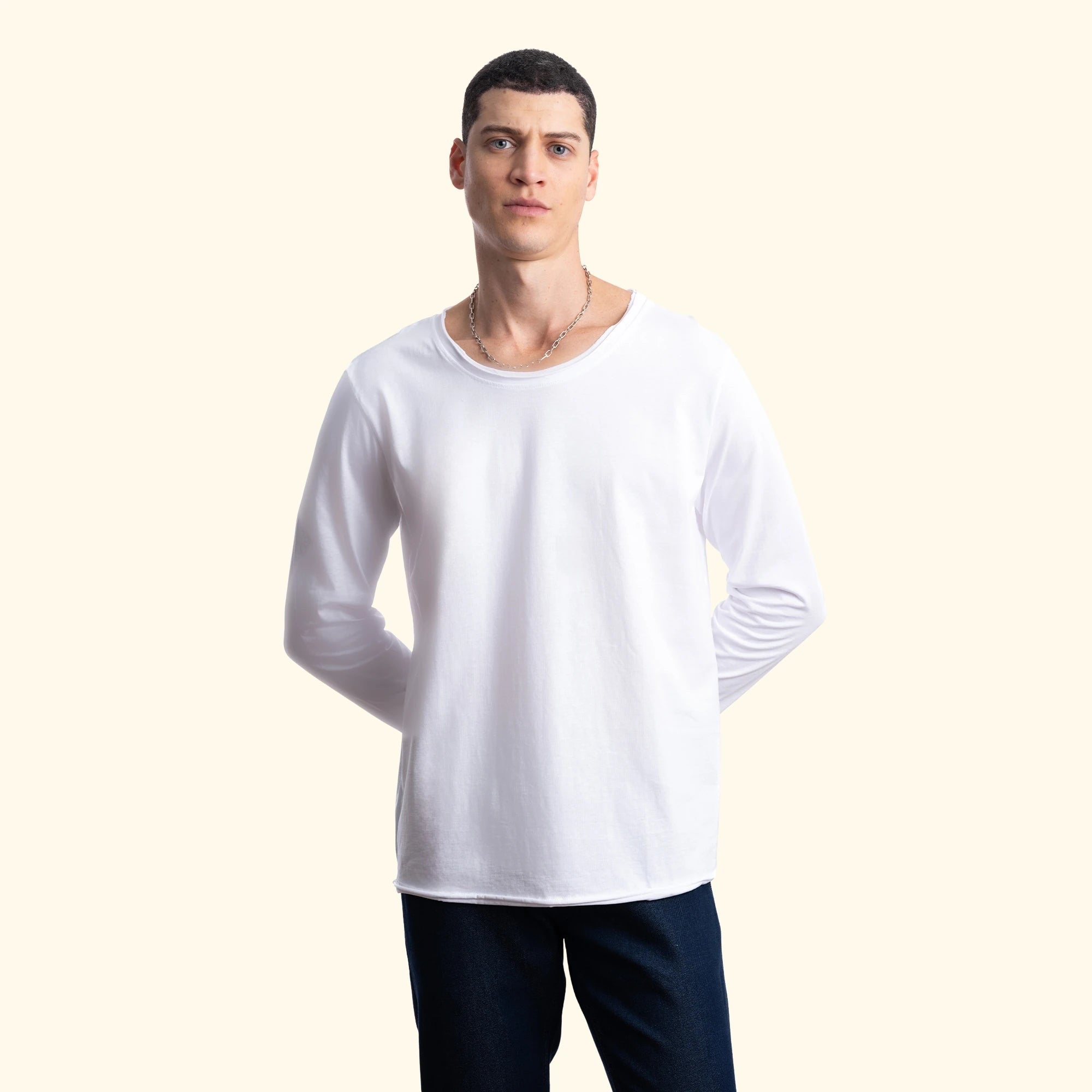 Erkek Beyaz %100 Pamuk Kesik Yaka Basic Regular Fit Sweatshirt - 3