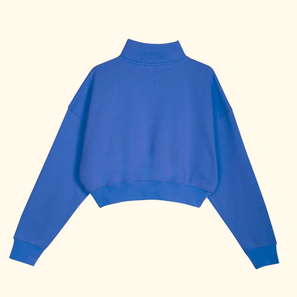 Kadın Saks Yarım Fermuarlı Dik Yaka Crop Sweatshirt - 4
