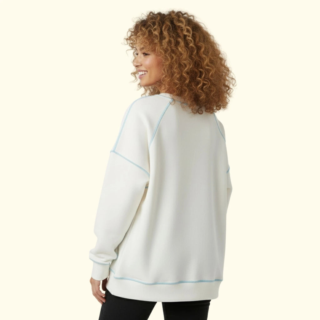 Kadın Beyaz-Mavi Kontrast Dikişli Oversize Salaş Sweatshirt - 2