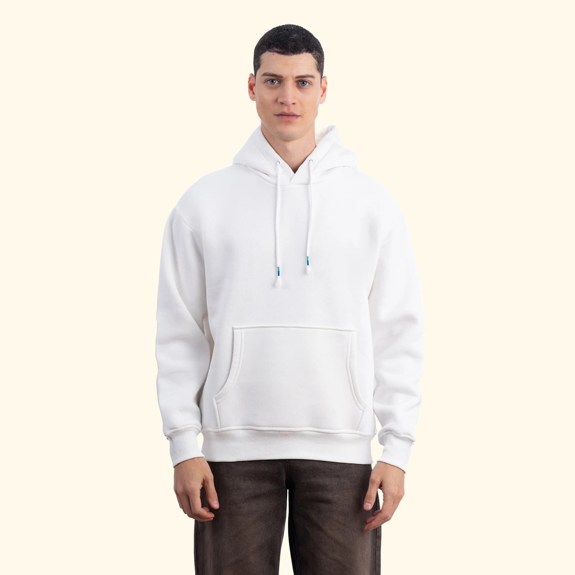 Erkek Ekru Kapüşonlu Kanguru Cepli Basic Sweatshirt Hoodie - 2