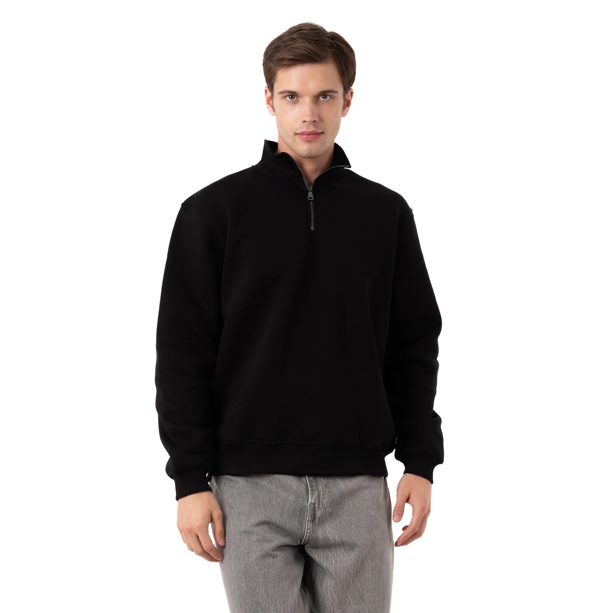 Erkek Siyah Yarım Fermuarlı Yakalı Rahat Kalıp Sweatshirt - 8