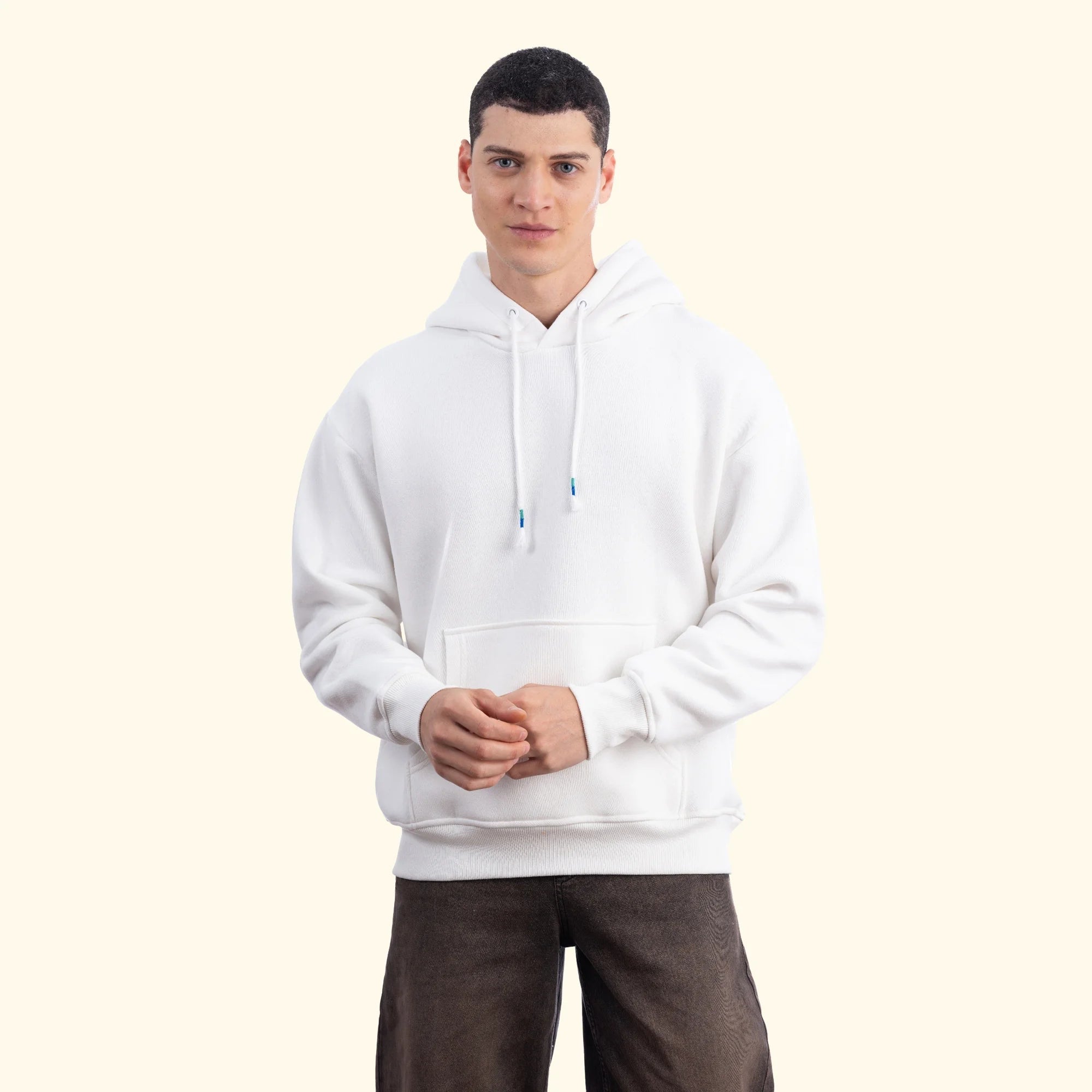 Erkek Ekru Kapüşonlu Kanguru Cepli Basic Sweatshirt Hoodie - 3