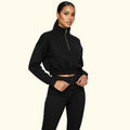 Kadın Siyah Yarım Fermuarlı Dik Yaka Crop Sweatshirt