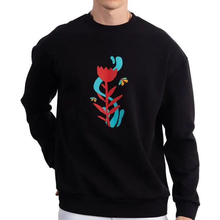 Erkek Siyah Butterfly Baskılı %100 Pamuk Regular Fit Sweatshirt