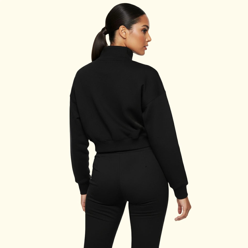 Kadın Siyah Yarım Fermuarlı Dik Yaka Crop Sweatshirt - 2