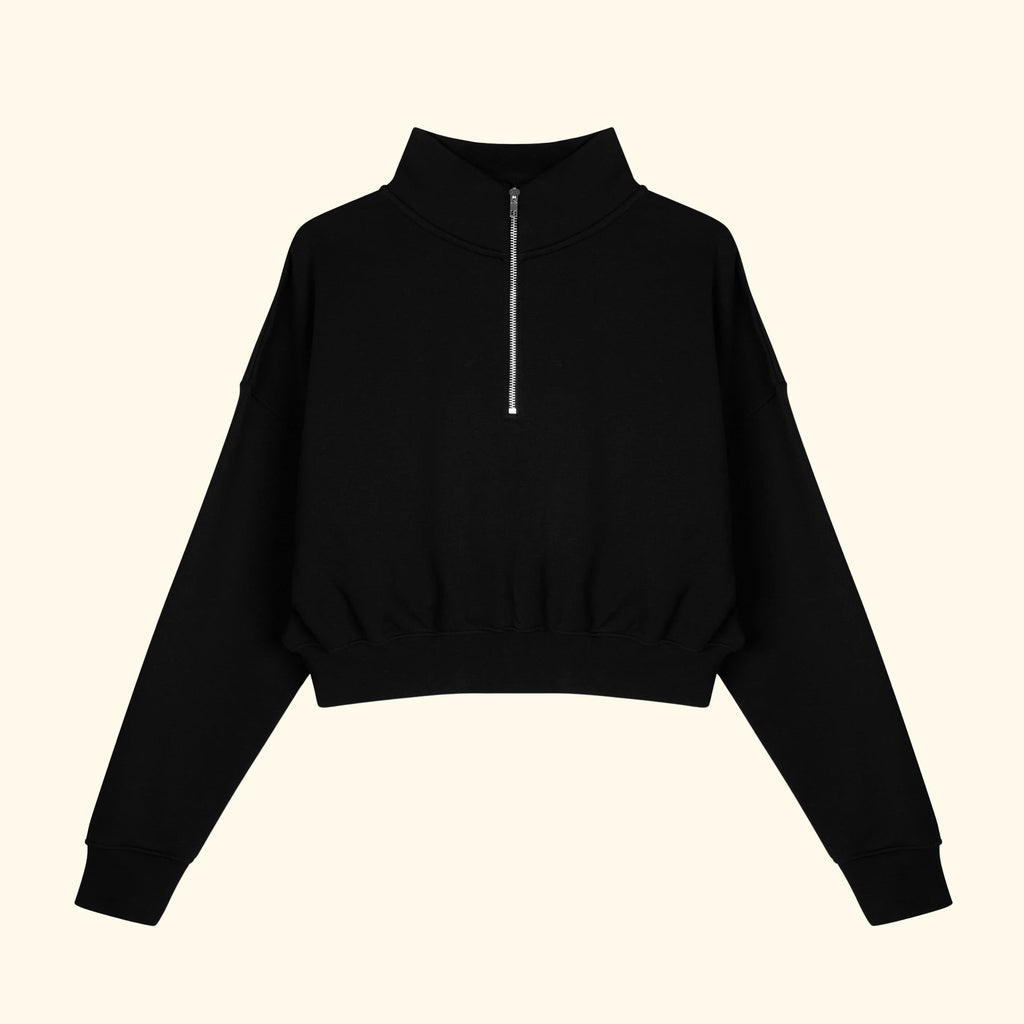 Kadın Siyah Yarım Fermuarlı Dik Yaka Crop Sweatshirt - 3