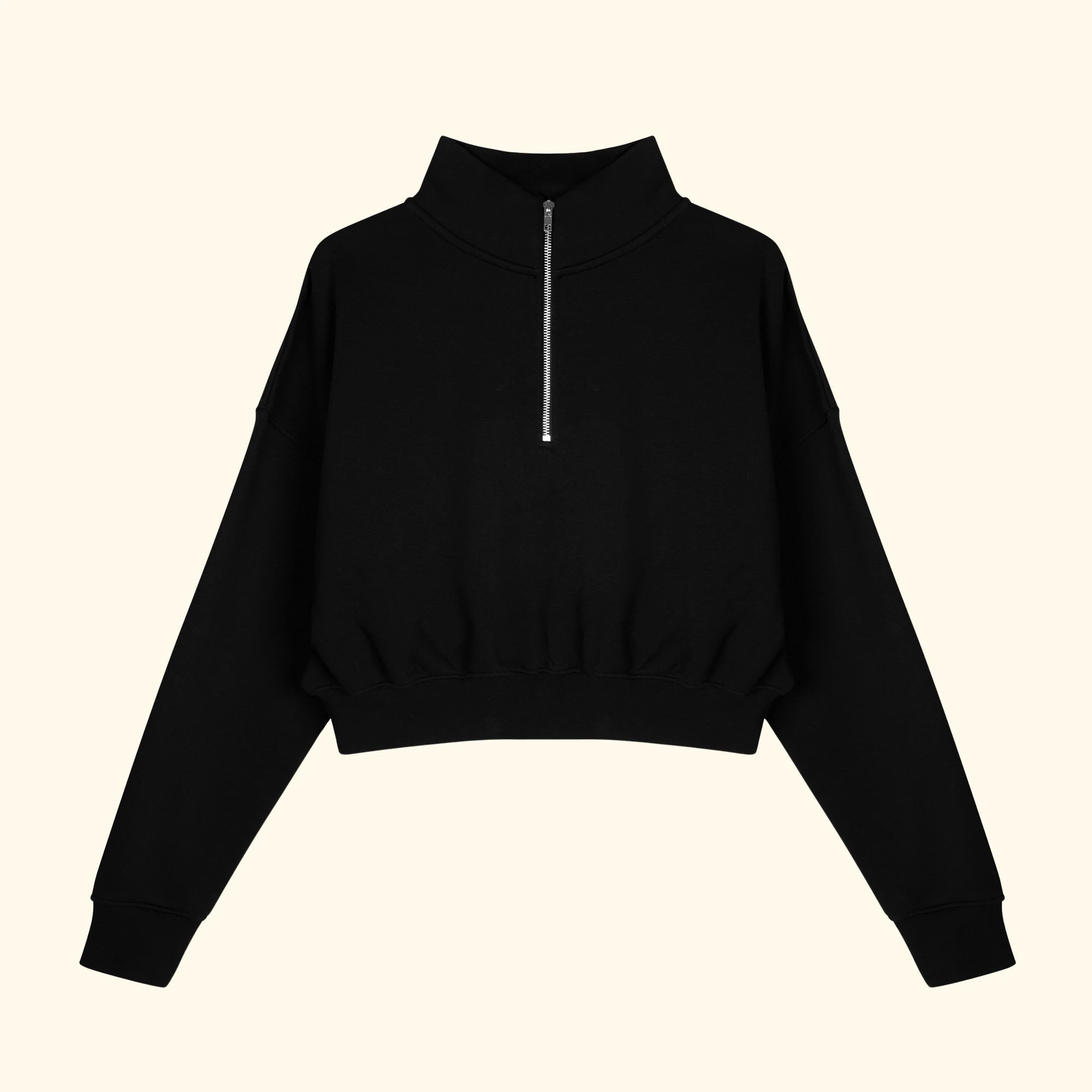 Kadın Siyah Yarım Fermuarlı Dik Yaka Crop Sweatshirt - 3