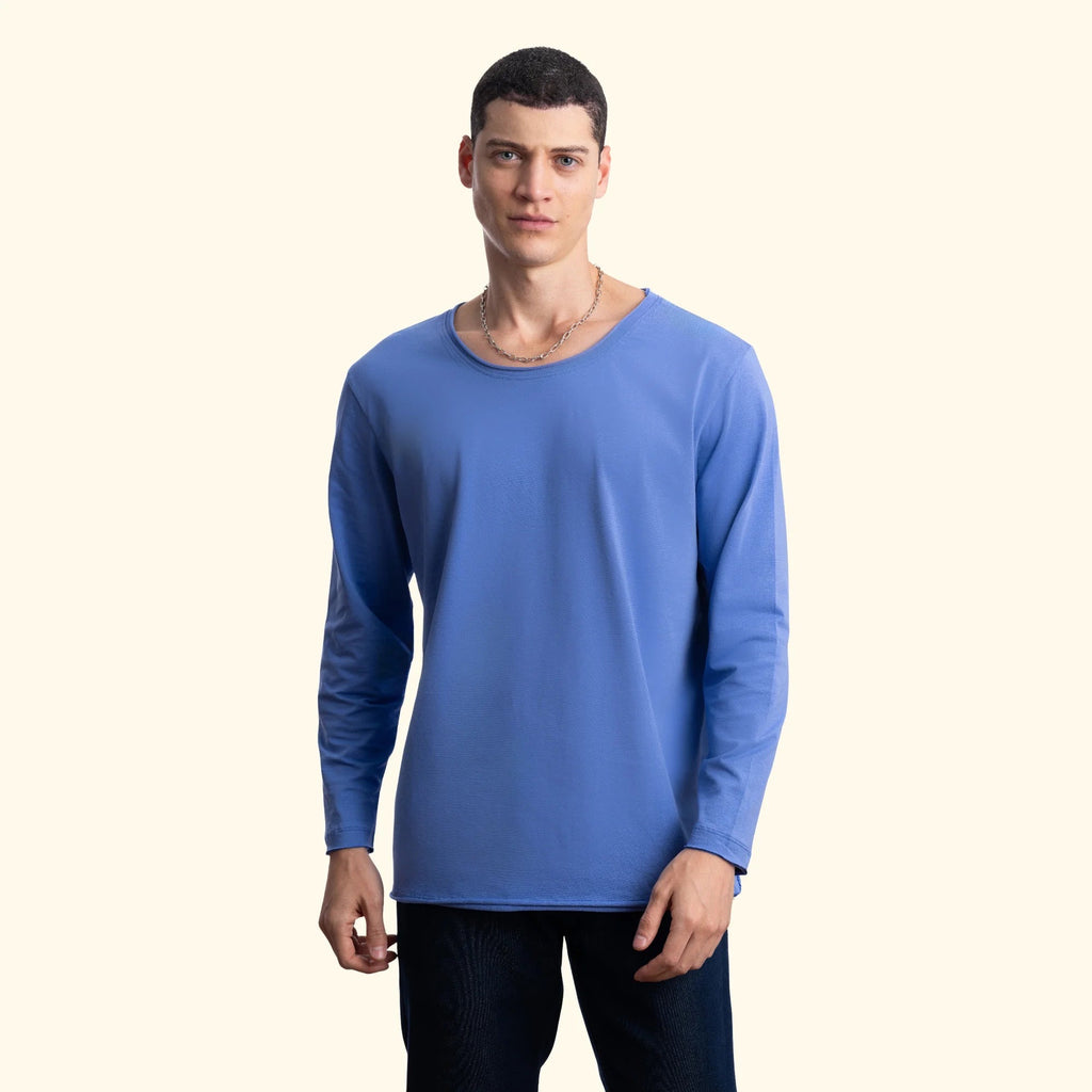 Erkek İndigo %100 Pamuk Kesik Yaka Basic Regular Fit Sweatshirt