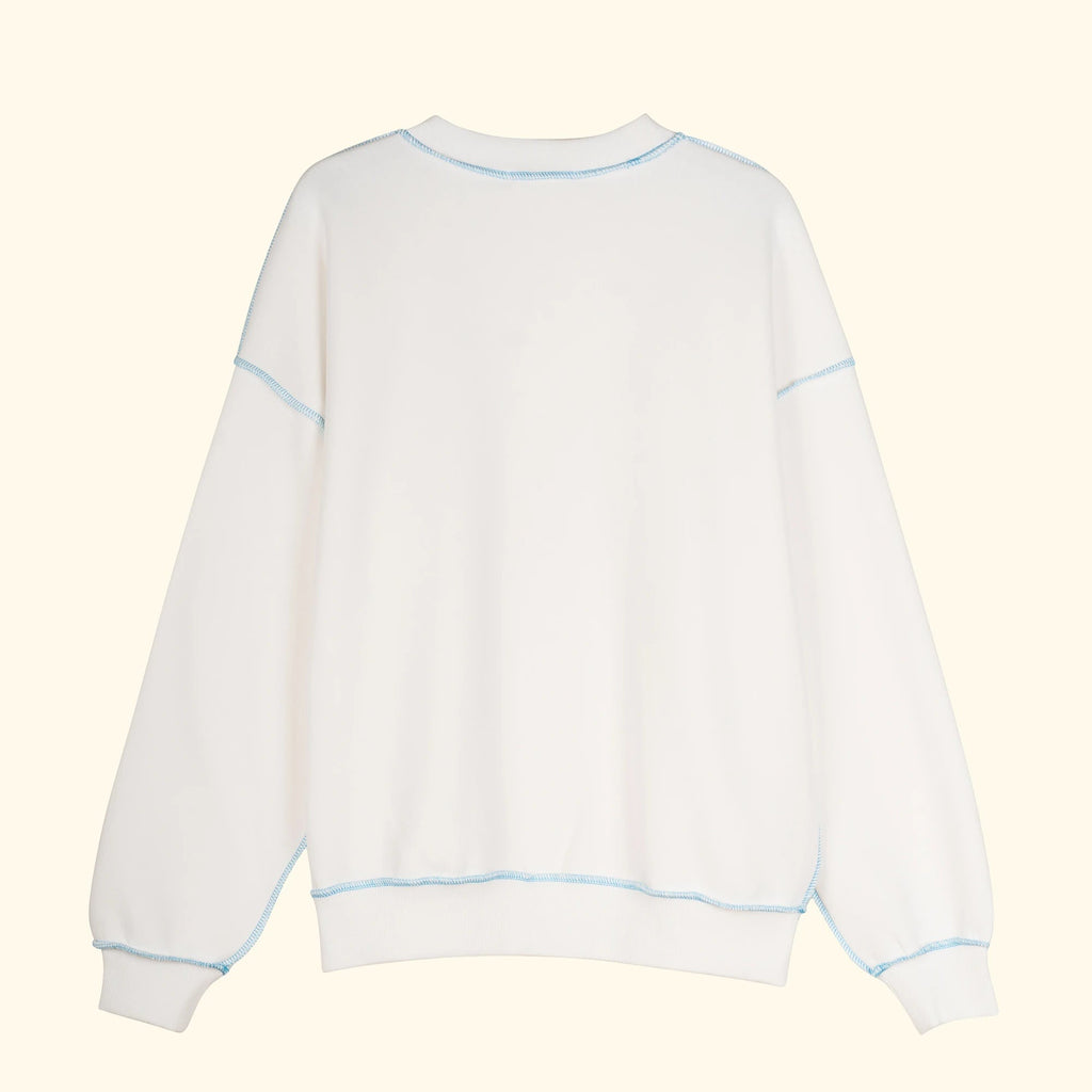 Kadın Beyaz-Mavi Kontrast Dikişli Oversize Salaş Sweatshirt - 6