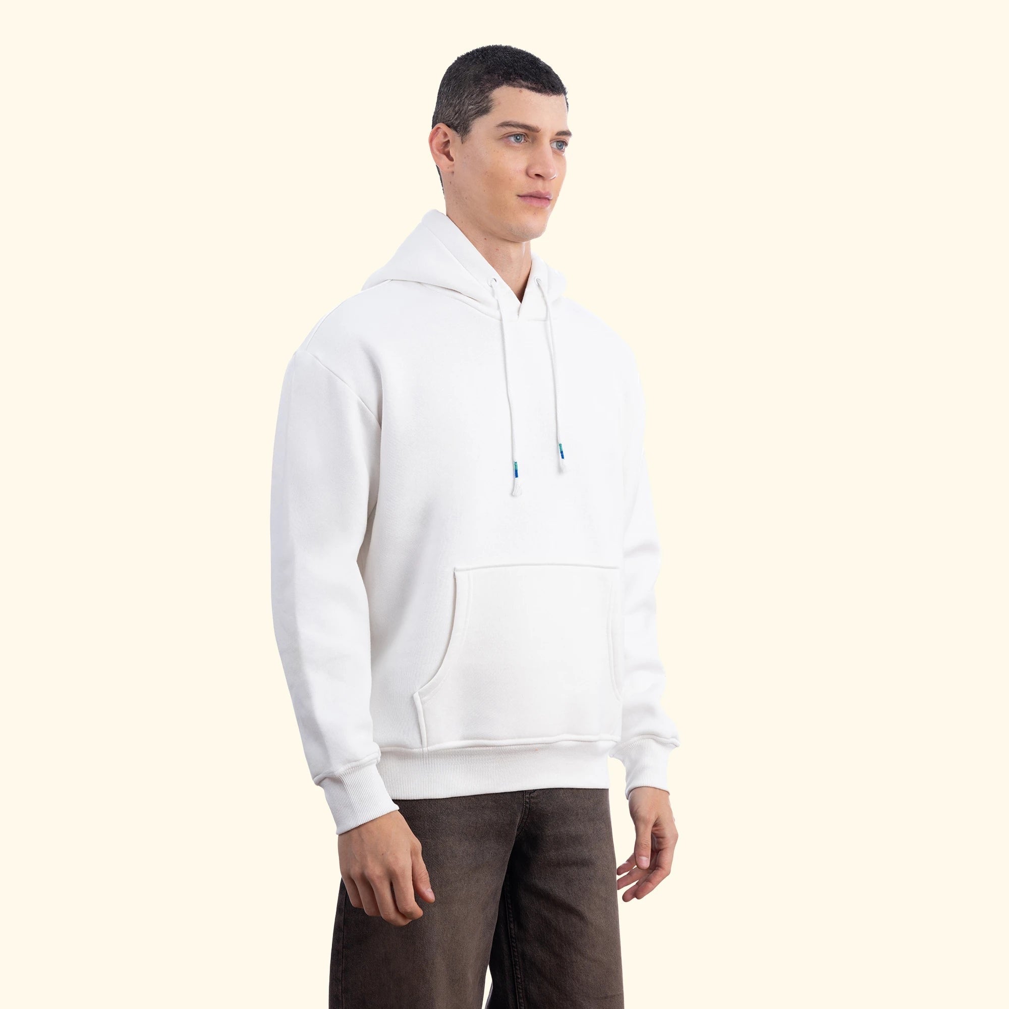 Erkek Ekru Kapüşonlu Kanguru Cepli Basic Sweatshirt Hoodie - 6