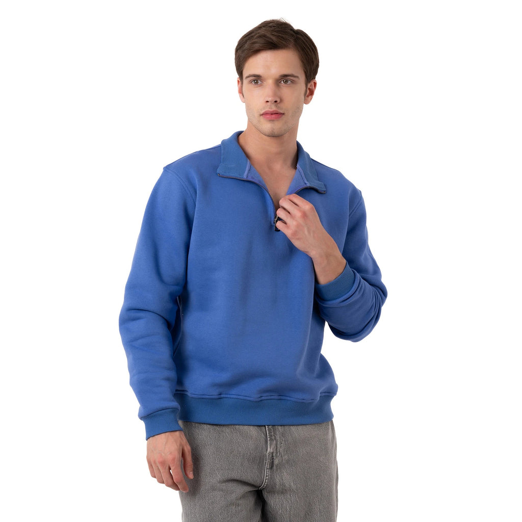 Erkek İndigo Yarım Fermuarlı Yakalı Rahat Kalıp Sweatshirt - 2