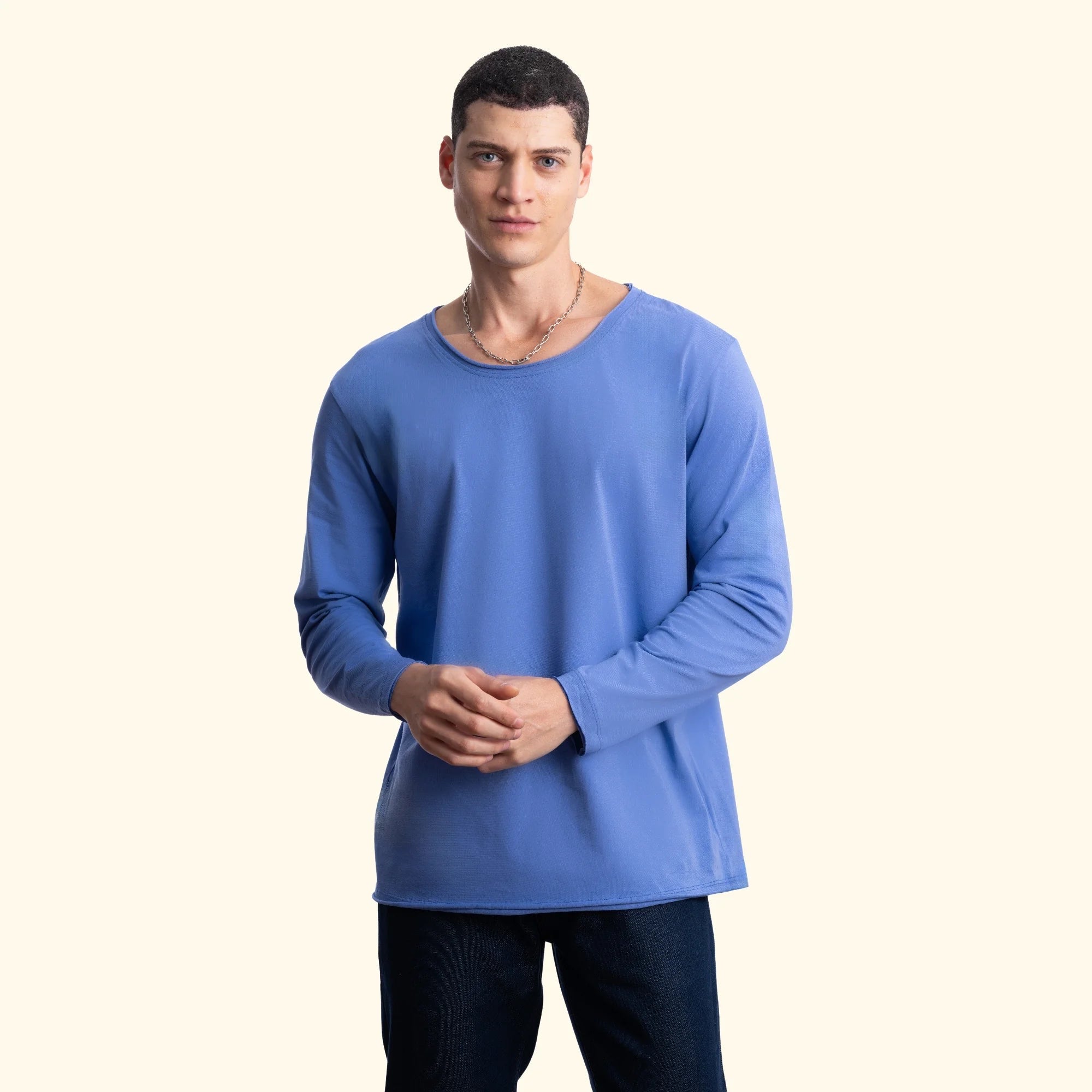Erkek İndigo %100 Pamuk Kesik Yaka Basic Regular Fit Sweatshirt - 2