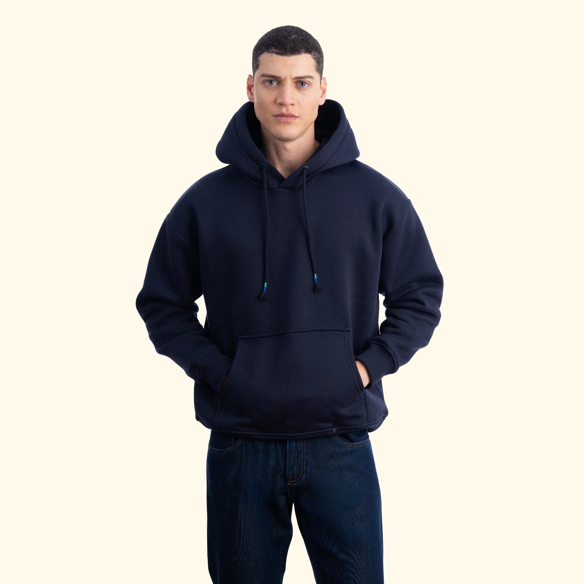 Erkek Lacivert Kapüşonlu Kanguru Cepli Basic Sweatshirt Hoodie