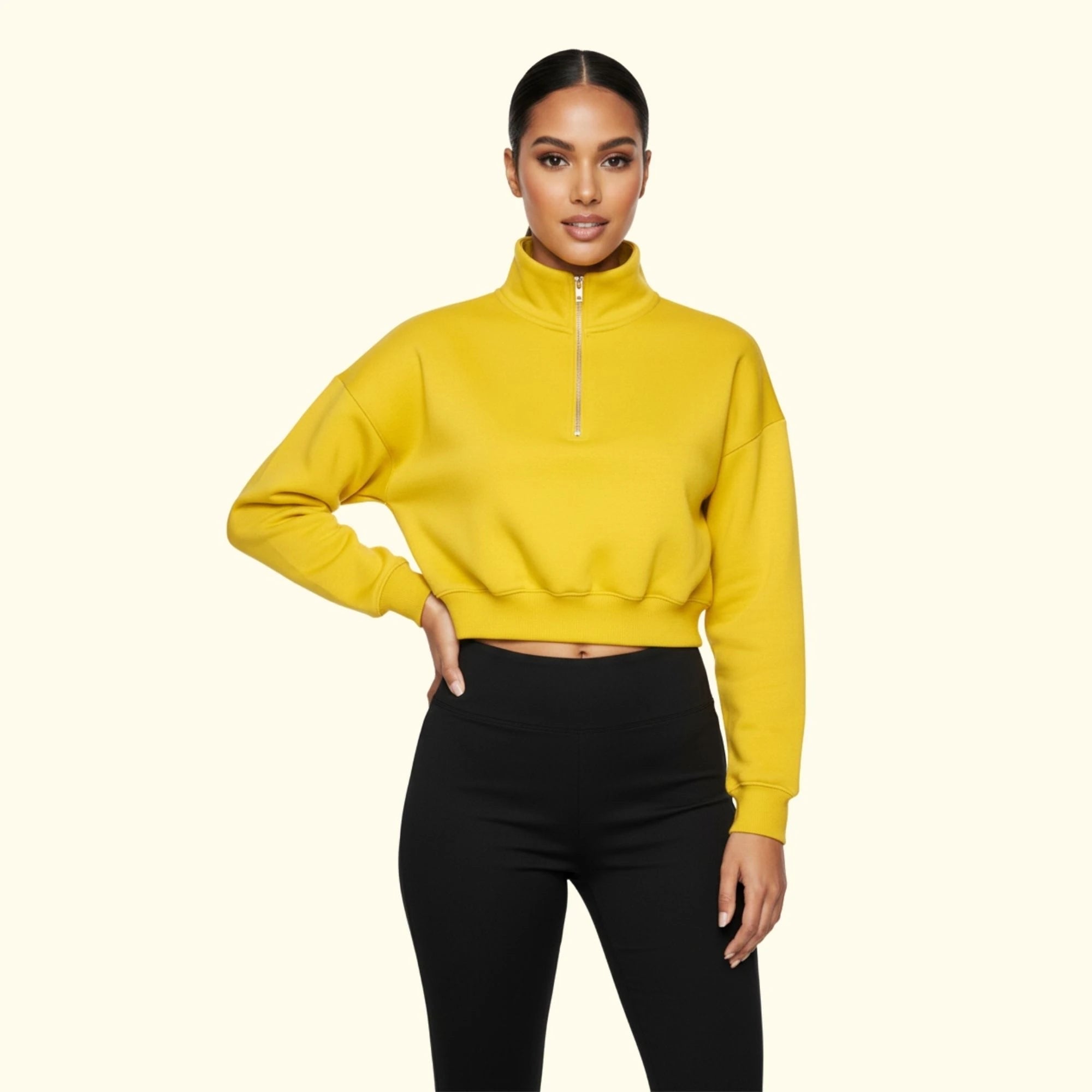 Kadın Sarı Yarım Fermuarlı Dik Yaka Crop Sweatshirt