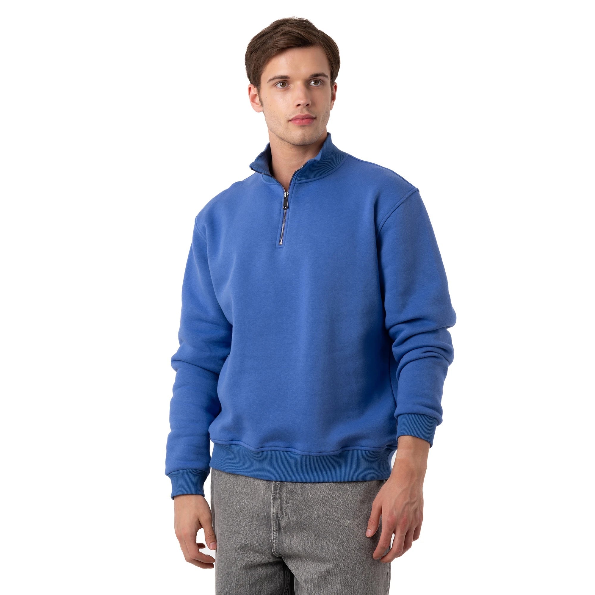 Erkek İndigo Yarım Fermuarlı Yakalı Rahat Kalıp Sweatshirt - 3