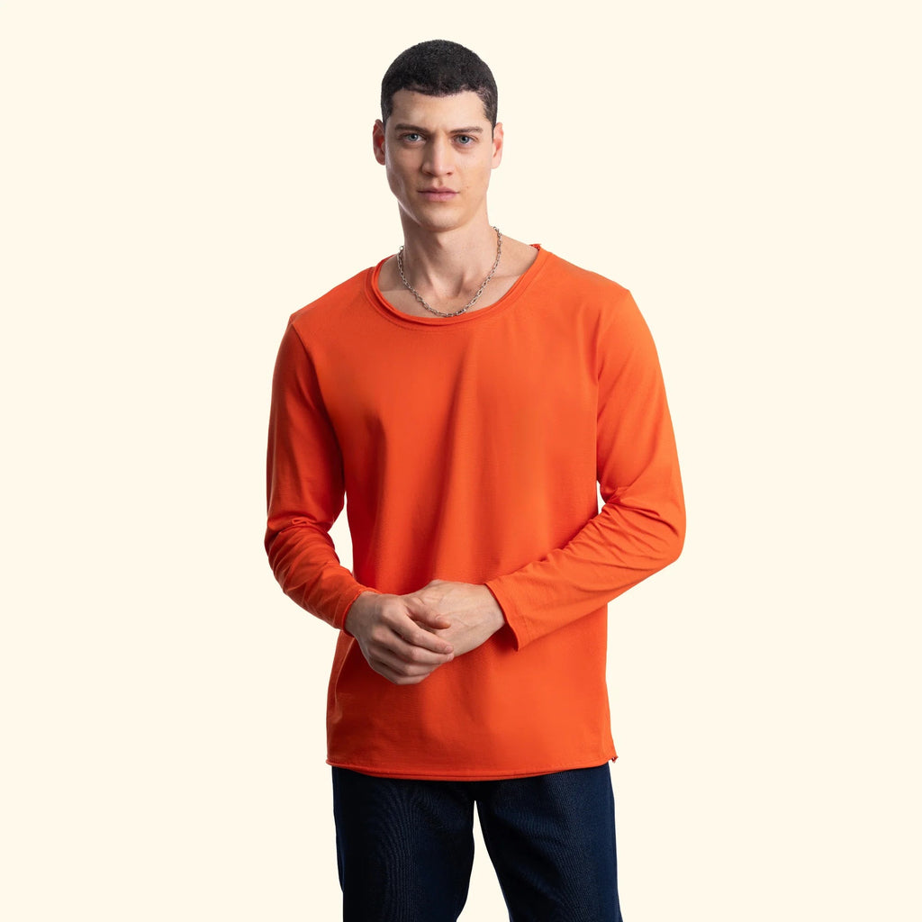 Erkek Turuncu %100 Pamuk Kesik Yaka Basic Regular Fit Sweatshirt - 4