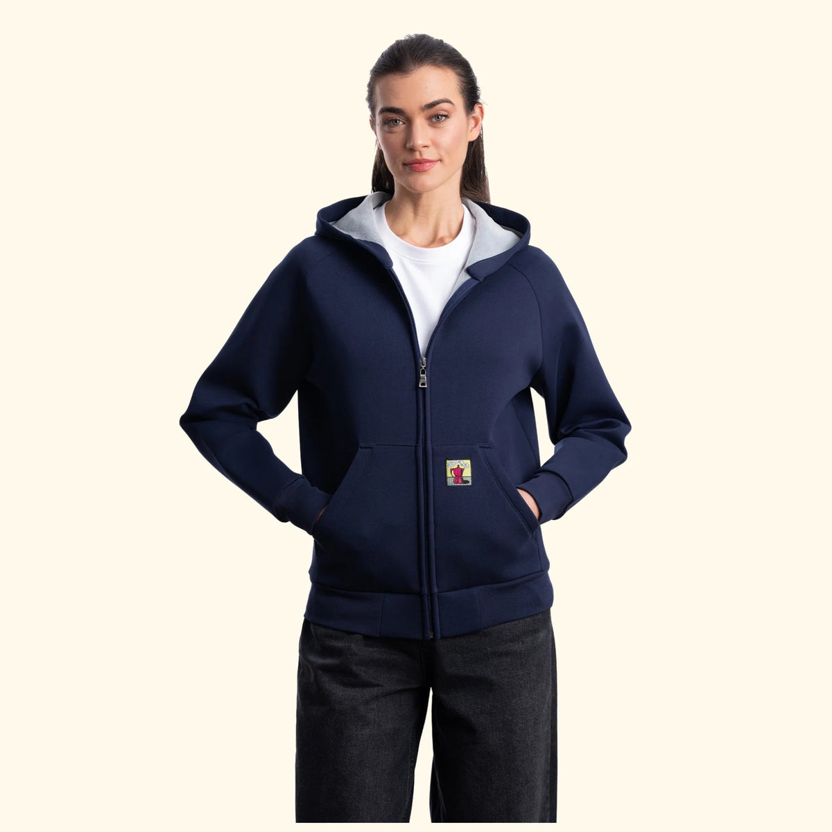 Kadın Su İtici Flok Kapüşonlu Sweatshirt Ceket - Lacivert