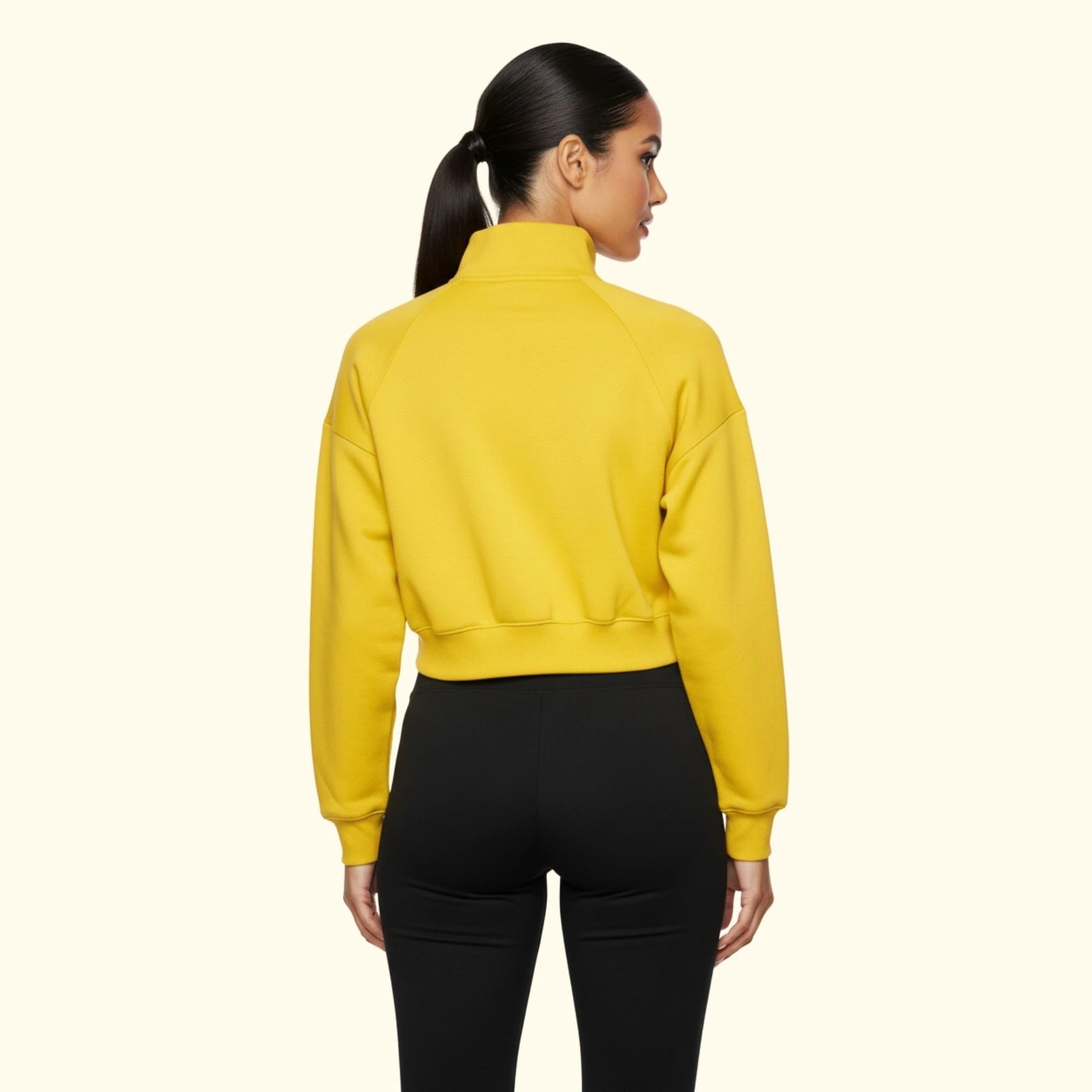 Kadın Sarı Yarım Fermuarlı Dik Yaka Crop Sweatshirt - 2