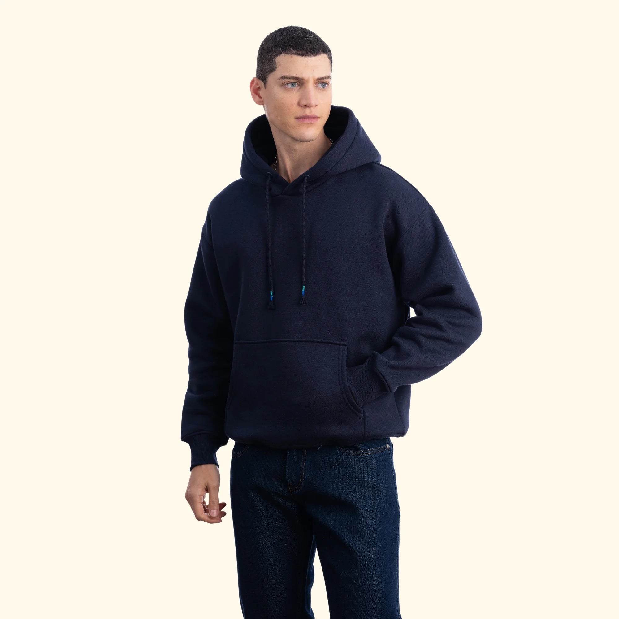 Erkek Lacivert Kapüşonlu Kanguru Cepli Basic Sweatshirt Hoodie - 2