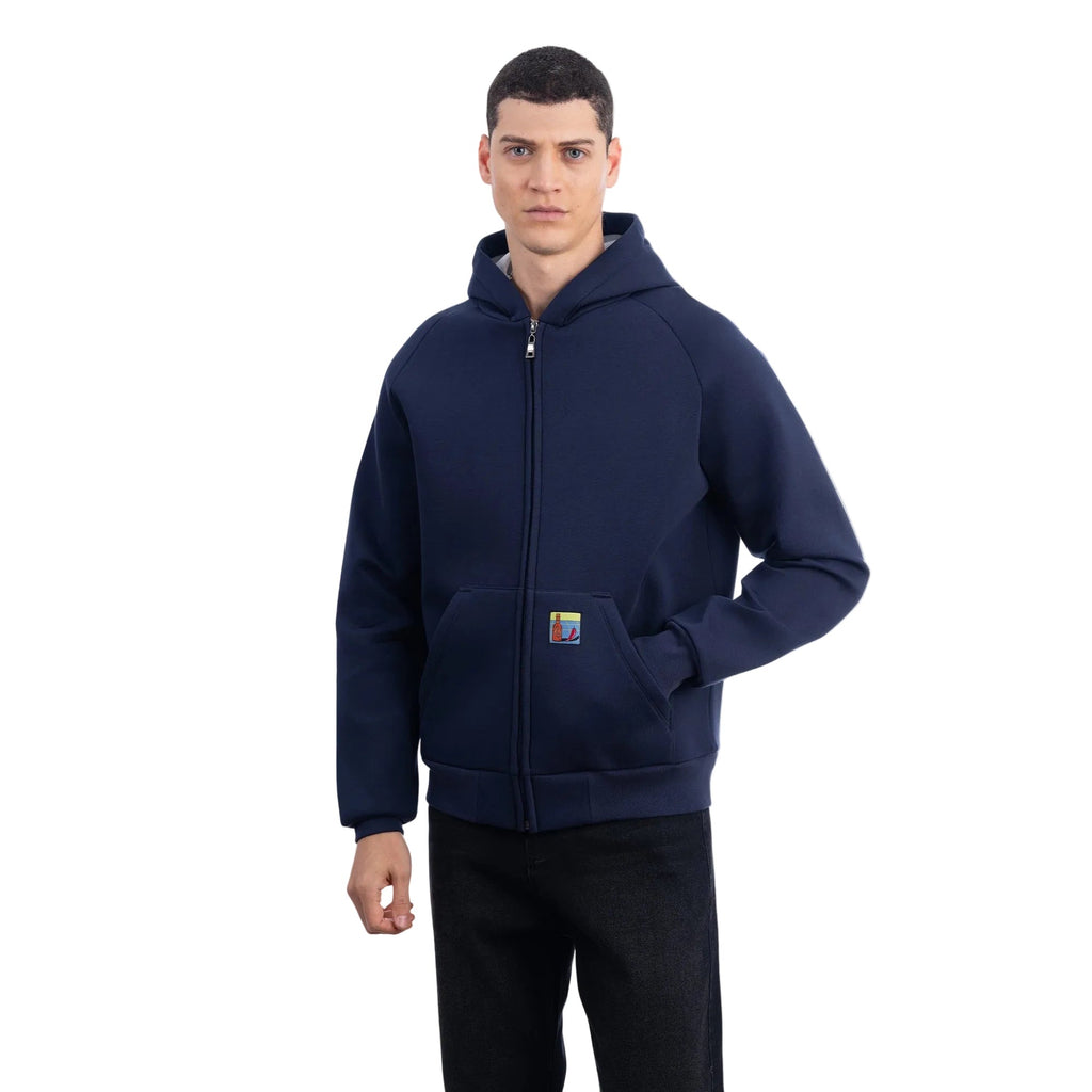 Erkek Lacivert Su İtici Kapüşonlu Flok Sweatshirt Ceket