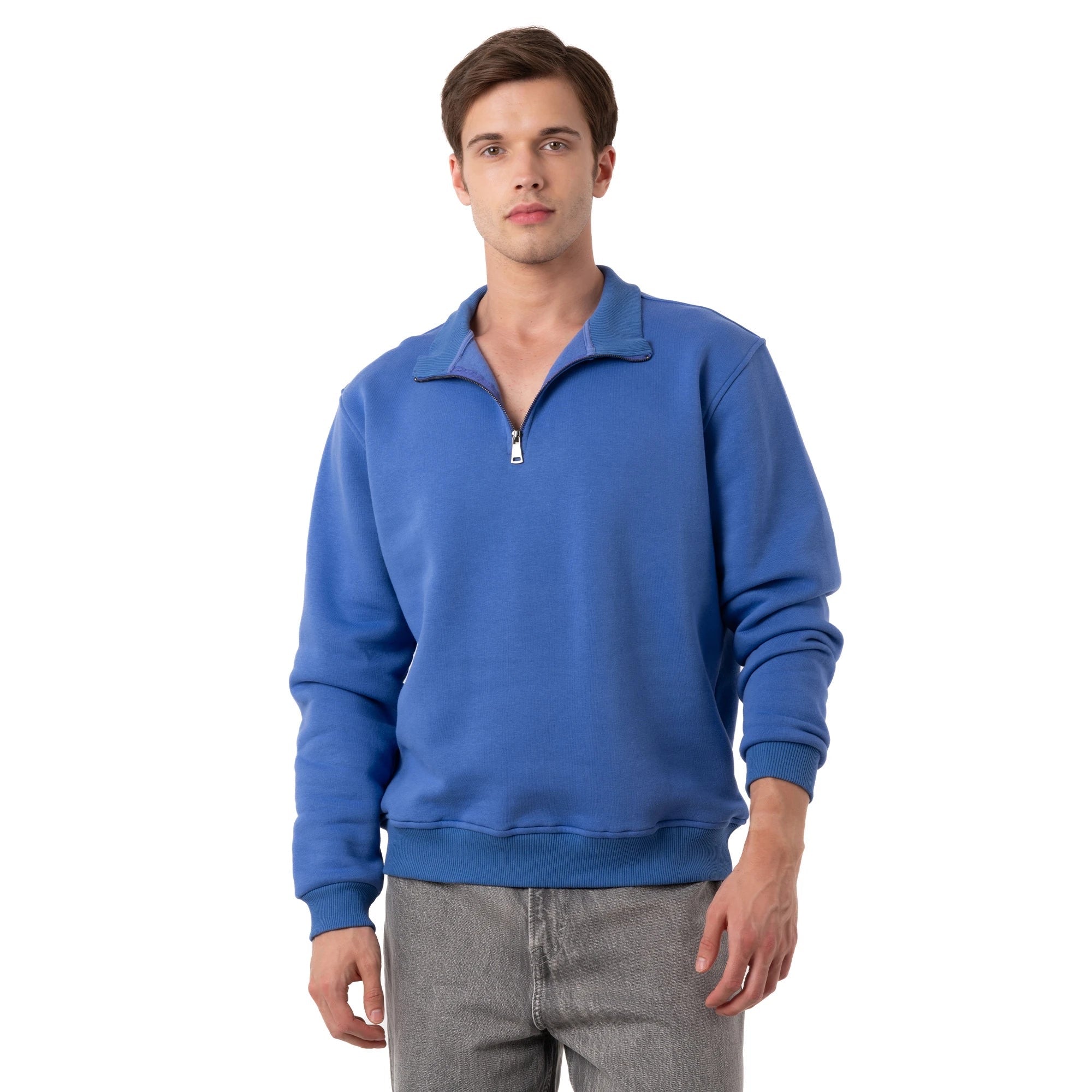 Erkek İndigo Yarım Fermuarlı Yakalı Rahat Kalıp Sweatshirt - 5