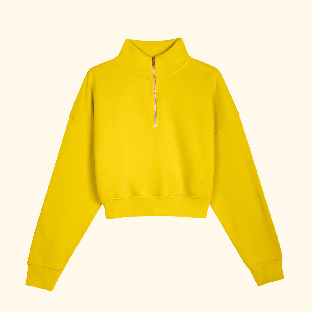 Kadın Sarı Yarım Fermuarlı Dik Yaka Crop Sweatshirt - 3