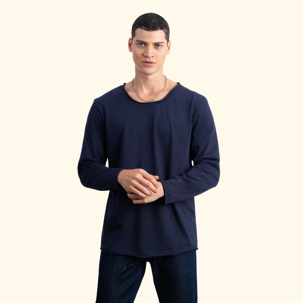 Erkek Lacivert %100 Pamuk Kesik Yaka Basic Regular Fit Sweatshirt - 4