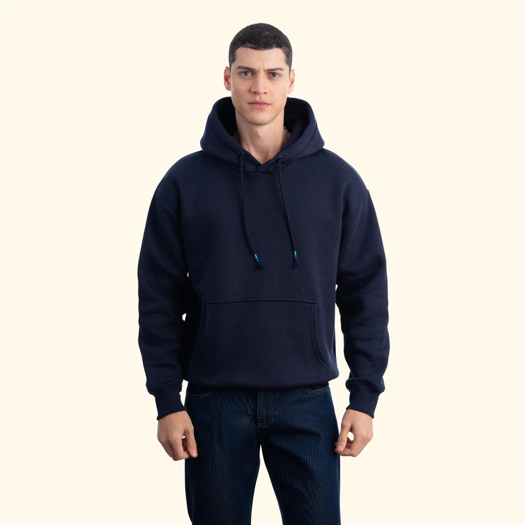 Erkek Lacivert Kapüşonlu Kanguru Cepli Basic Sweatshirt Hoodie - 5