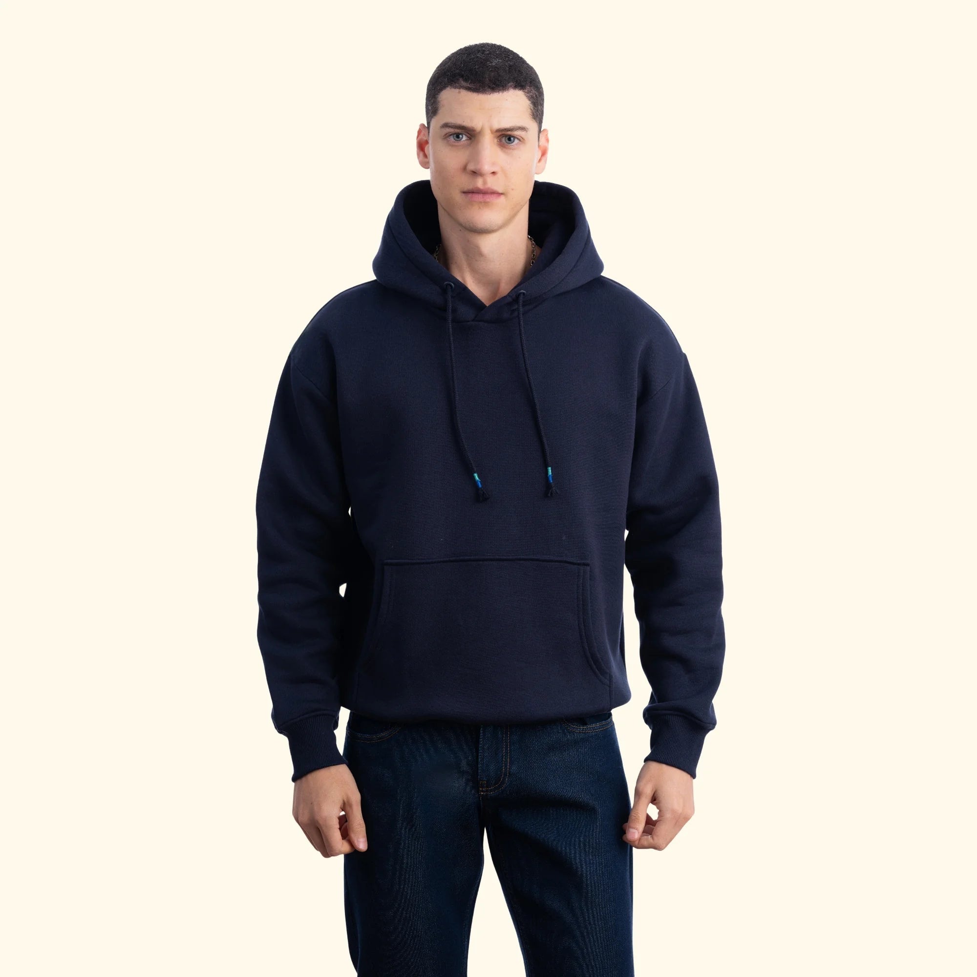 Erkek Lacivert Kapüşonlu Kanguru Cepli Basic Sweatshirt Hoodie - 5