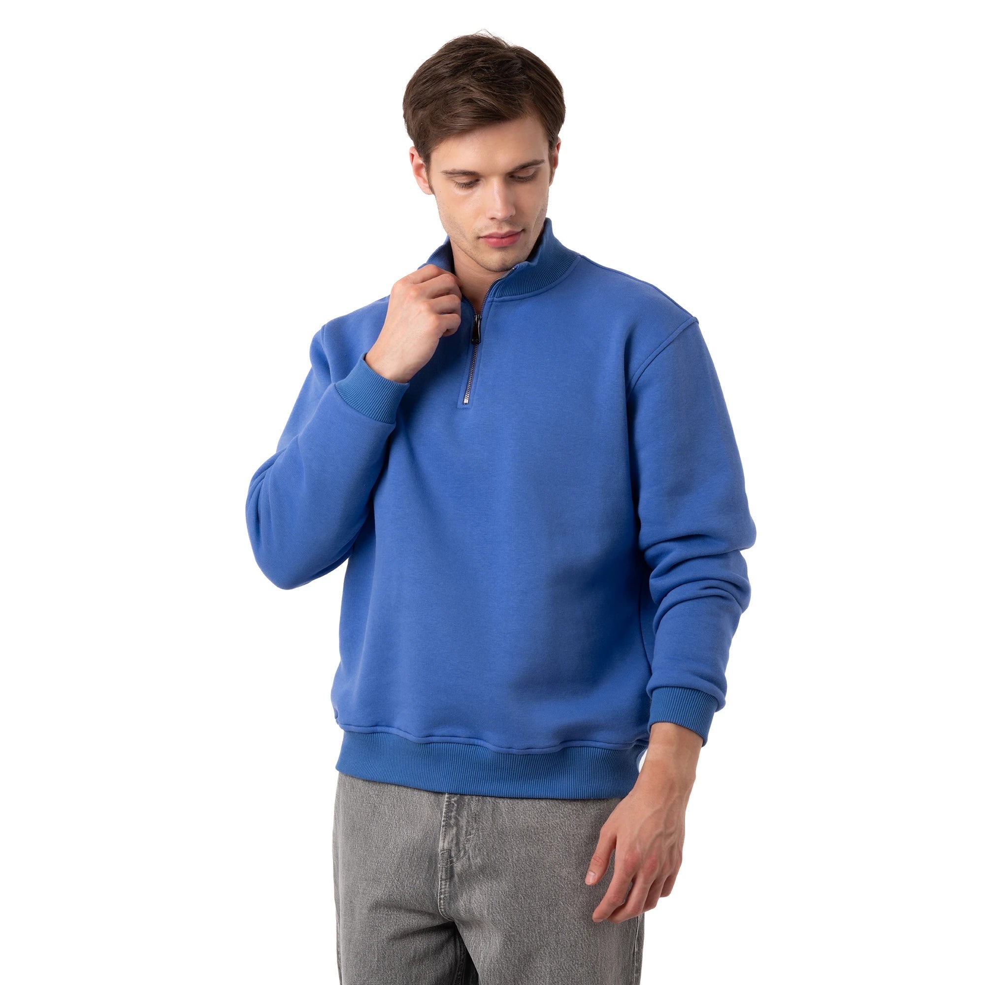 Erkek İndigo Yarım Fermuarlı Yakalı Rahat Kalıp Sweatshirt - 6