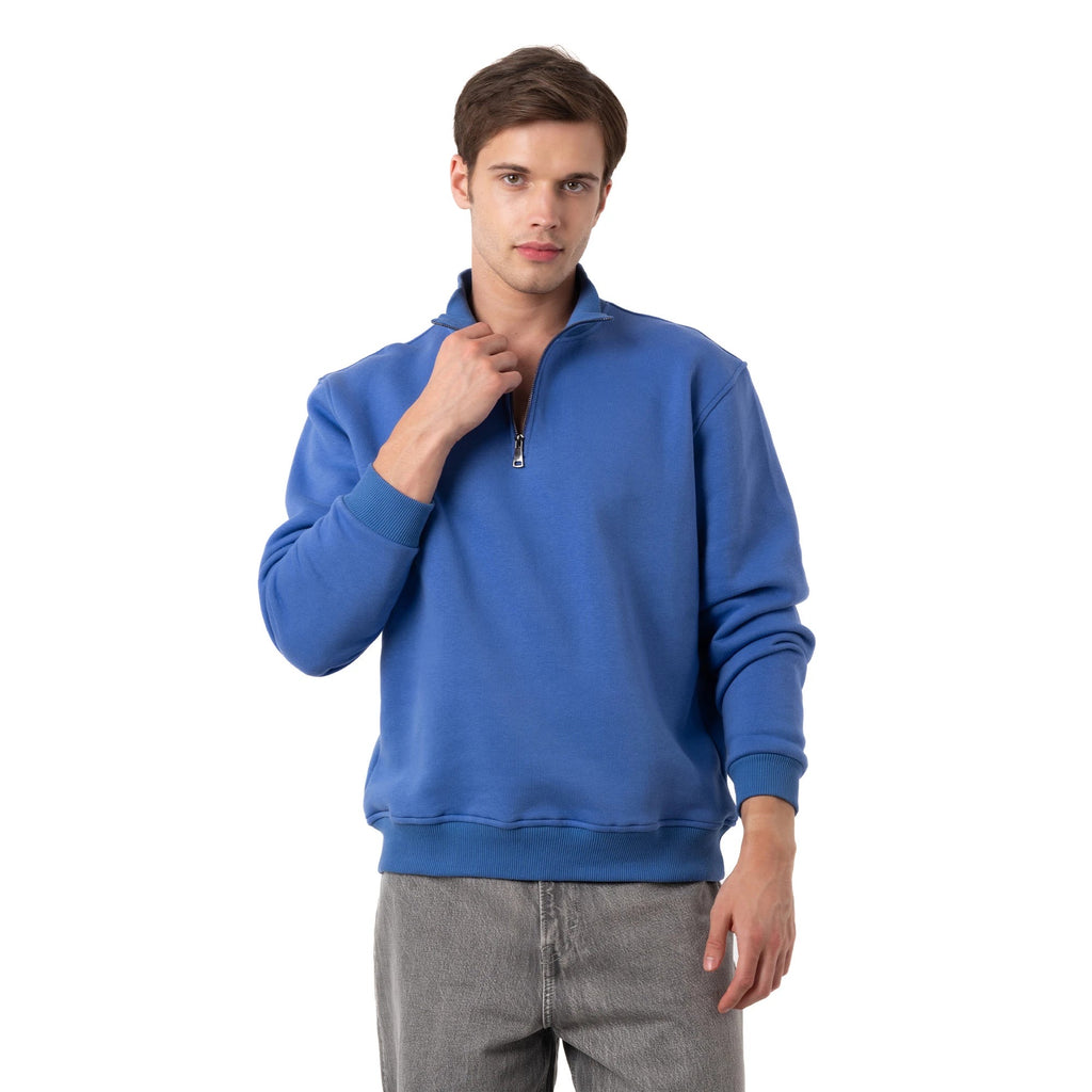 Erkek İndigo Yarım Fermuarlı Yakalı Rahat Kalıp Sweatshirt - 7