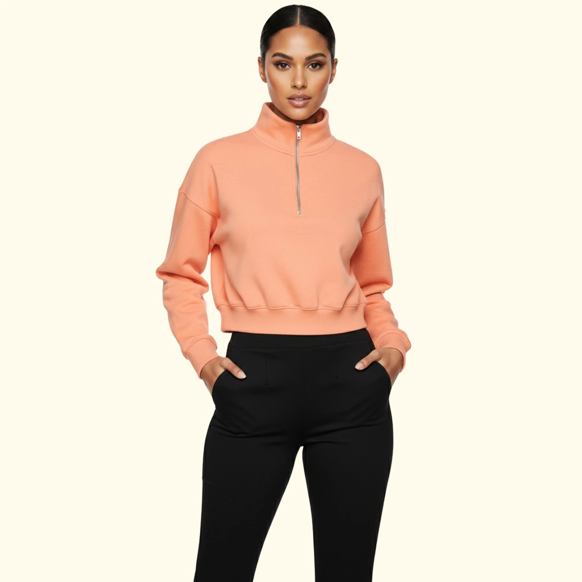 Kadın Somon Yarım Fermuarlı Dik Yaka Crop Sweatshirt